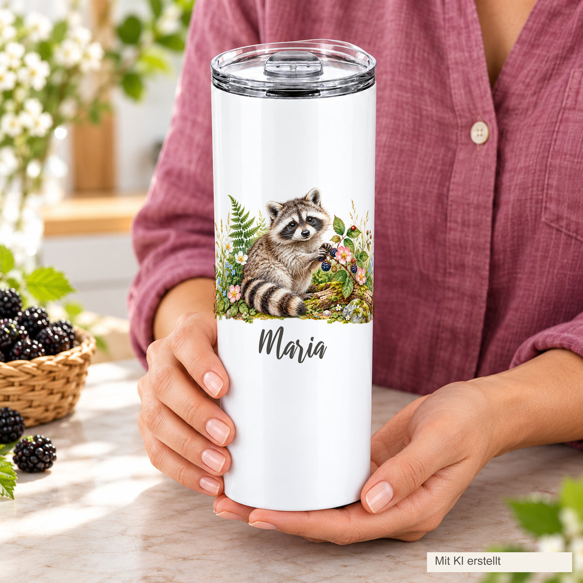 Eine erwachsene Person hält den weißen Thermobecher mit Waschbär-Motiv und Wunschname in beiden Händen.