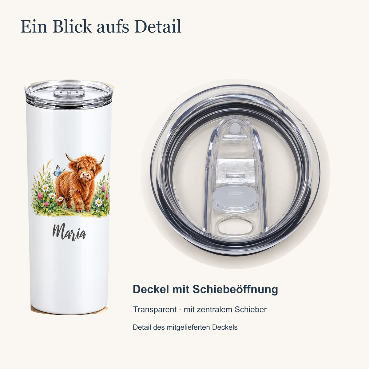 Thermobecher mit Hochlandrind-Motiv neben einer vergrößerten Draufsicht des transparenten Deckels mit zentralem Schieber.