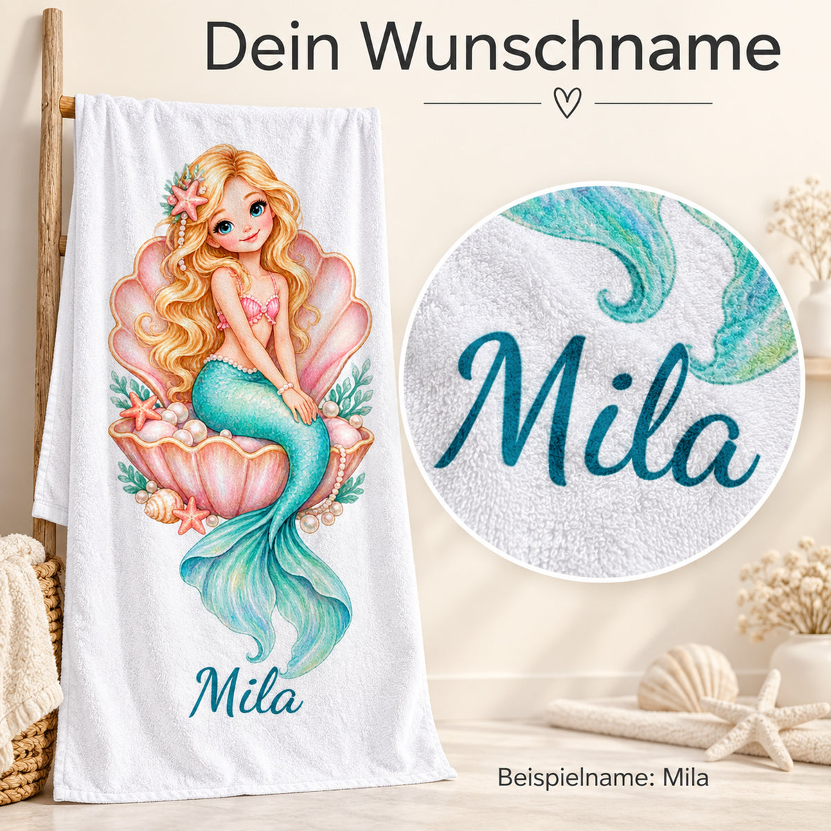 Personalisierung am Handtuch Perlenmuschel: Gesamtansicht und vergrößerter Beispielname Mila.