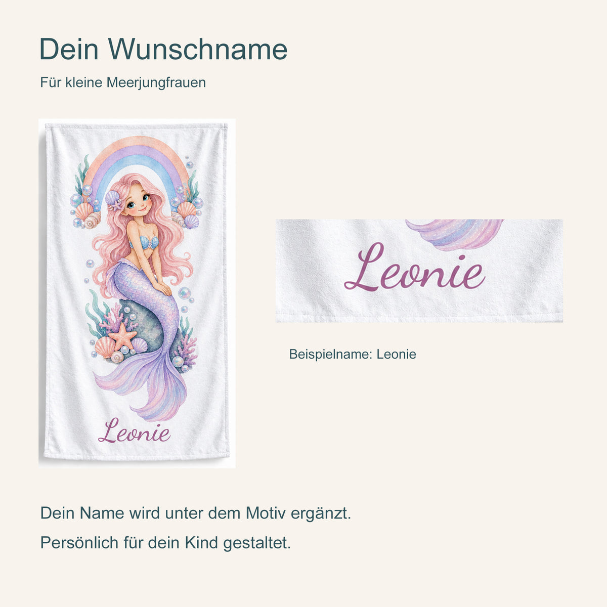 Personalisierung am Handtuch Regenbogenbucht: Gesamtansicht und vergrößerter Beispielname Leonie.