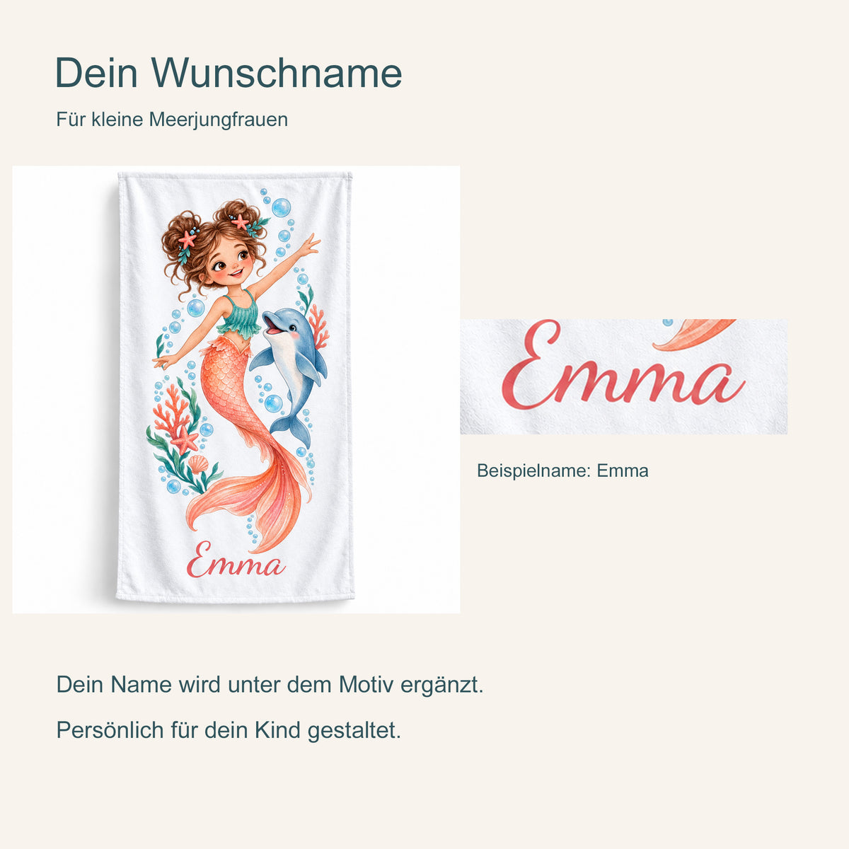 Personalisierung am Handtuch Delfinfreundin: Gesamtansicht und vergrößerter Beispielname Emma.