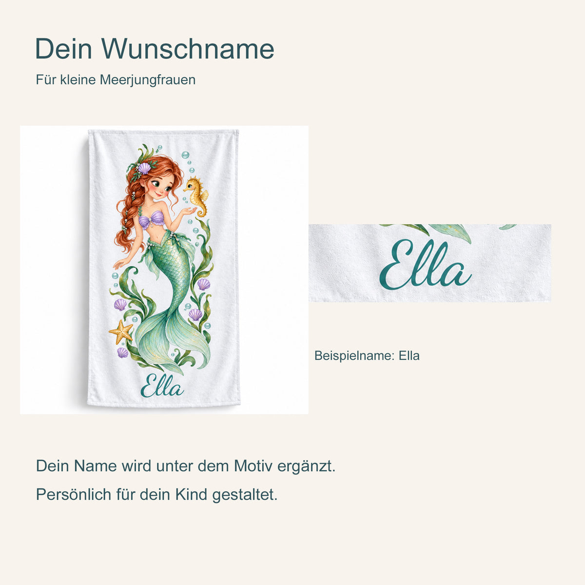 Personalisierung am Handtuch Seepferdchen-Zauber: Gesamtansicht und vergrößerter Beispielname Ella.