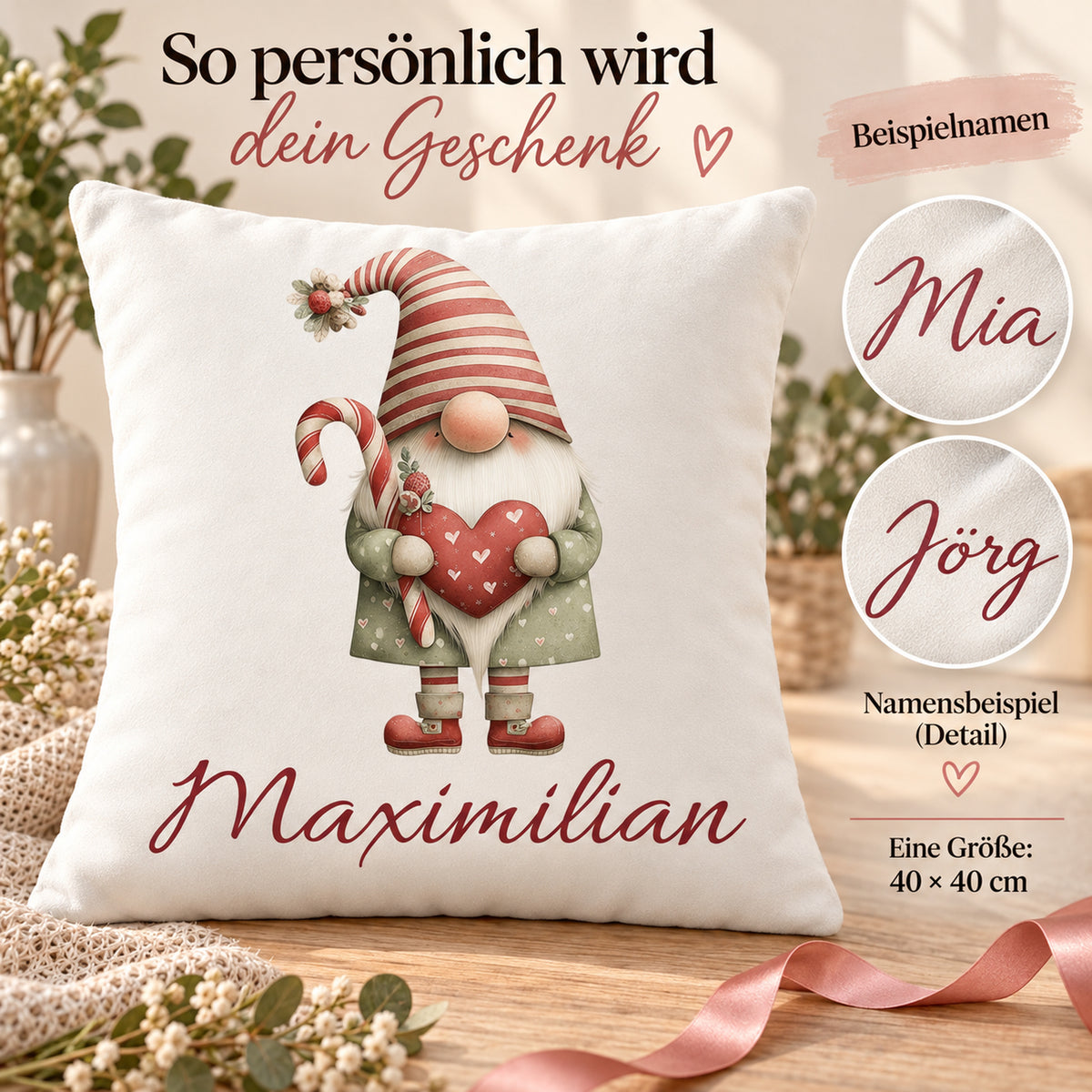 Weihnachtswichtel-Kissenbezug Weihnachtsherz, 40 × 40 cm: Personalisierungsbeispiele.