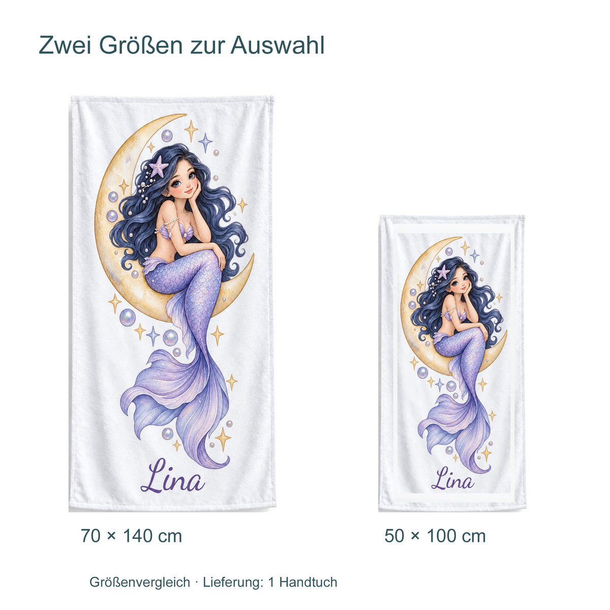 Größenvergleich des Handtuchs Mondschein im Meer: 70 × 140 cm und 50 × 100 cm; Lieferung umfasst ein Handtuch.