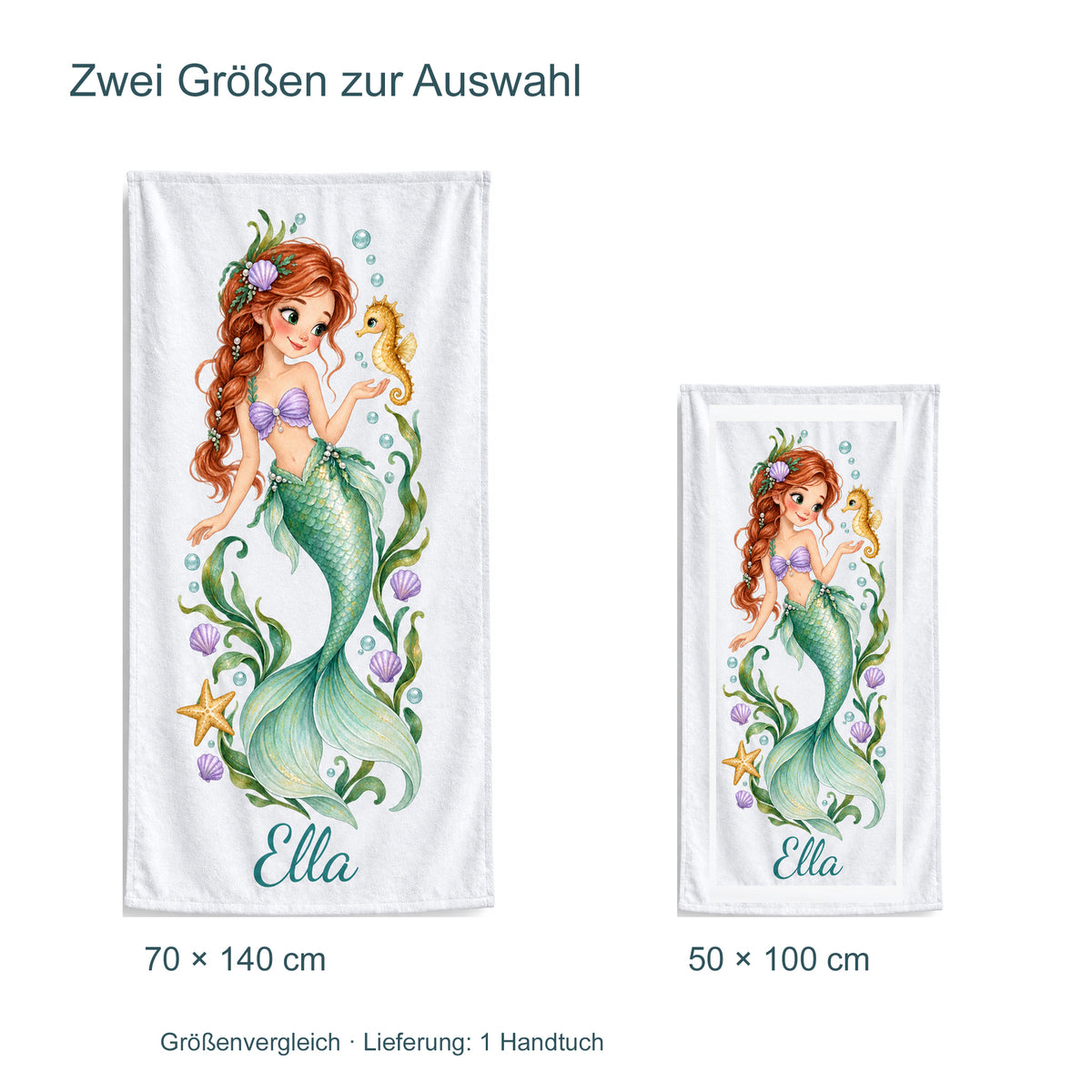 Größenvergleich des Handtuchs Seepferdchen-Zauber: 70 × 140 cm und 50 × 100 cm; Lieferung umfasst ein Handtuch.