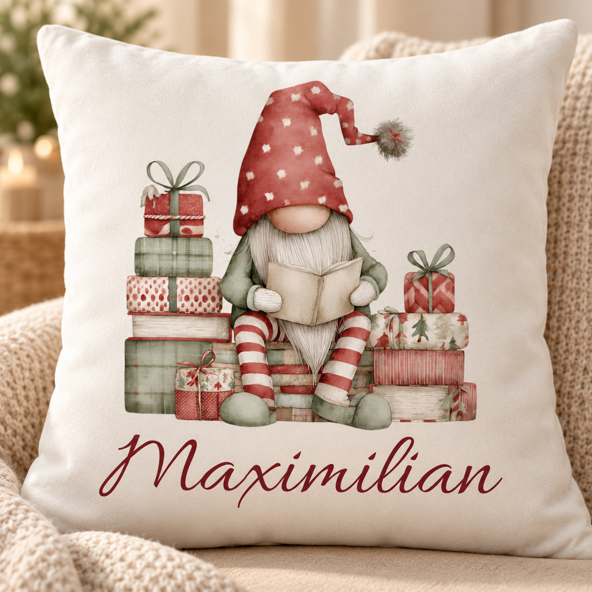 Weihnachtswichtel-Kissenbezug Gemütliche Lesestunde, 40 × 40 cm: Motivdetail.