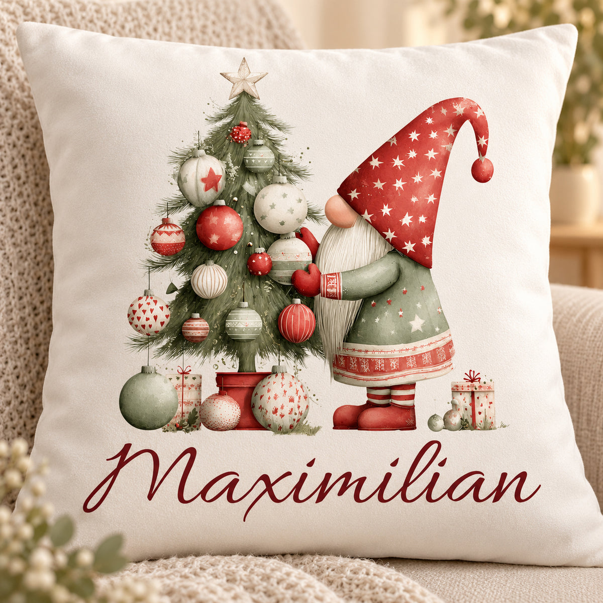 Weihnachtswichtel-Kissenbezug Weihnachtsbaum, 40 × 40 cm: Motivdetail.