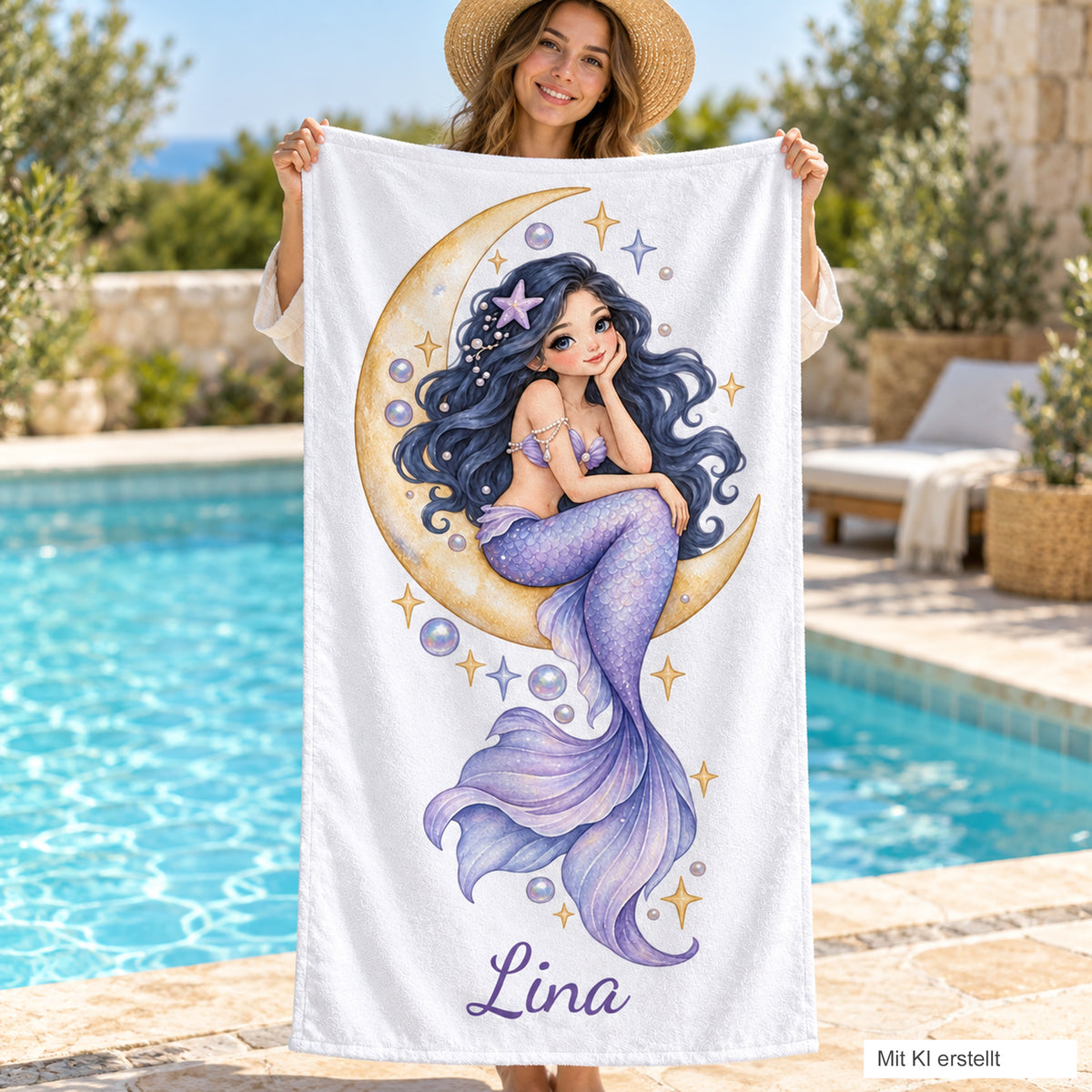 Frau hält das Handtuch Mondschein im Meer mit Beispielname Lina am Pool; KI-generierte Szene.