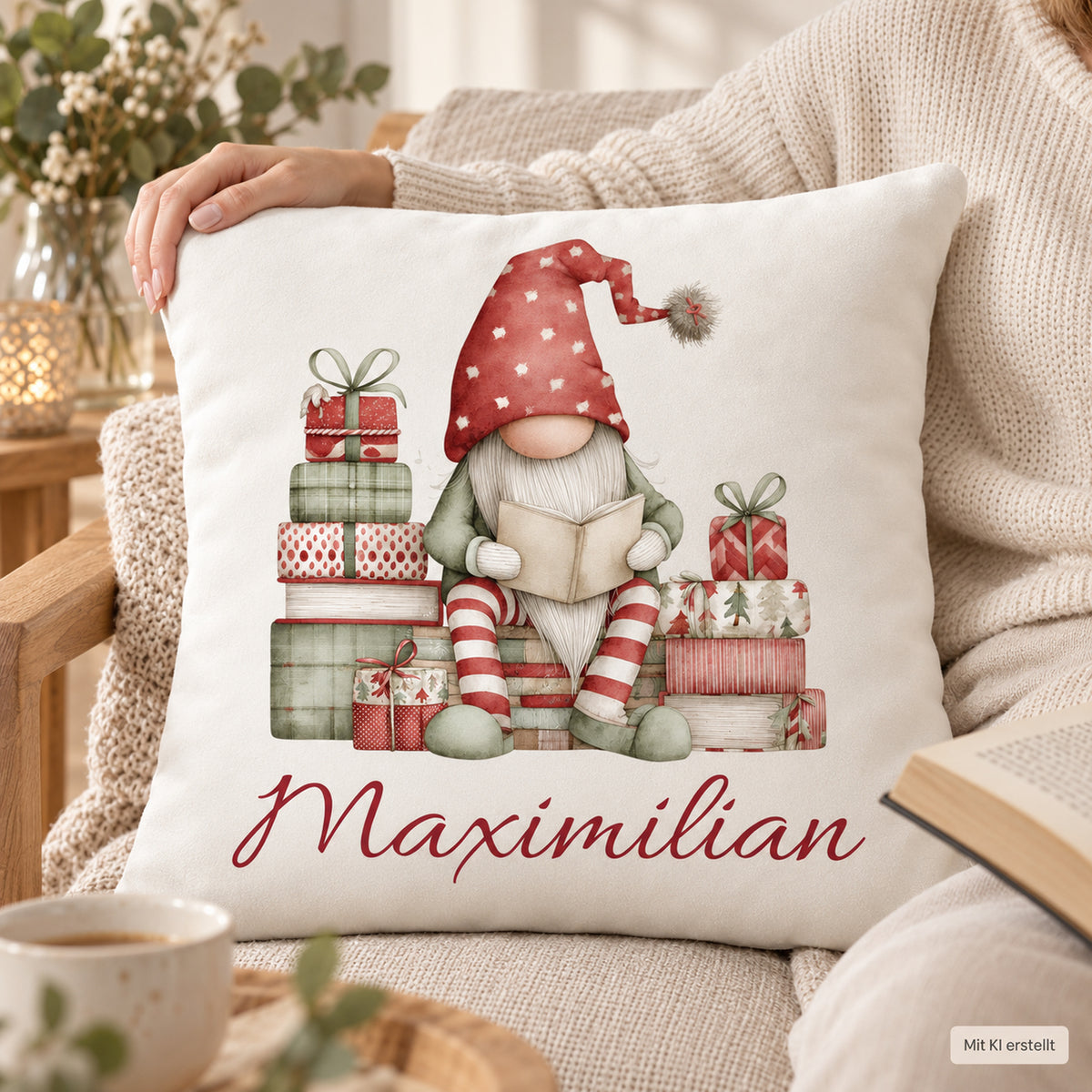 Weihnachtswichtel-Kissenbezug Gemütliche Lesestunde, 40 × 40 cm, mit Beispielname Maximilian: Anwendungsansicht.