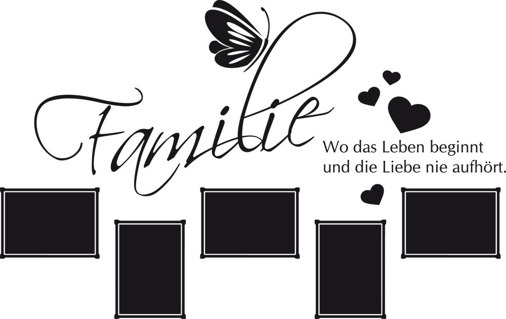 Wandtattoo Familie mit Schmetterling und Herzen, schwarz.