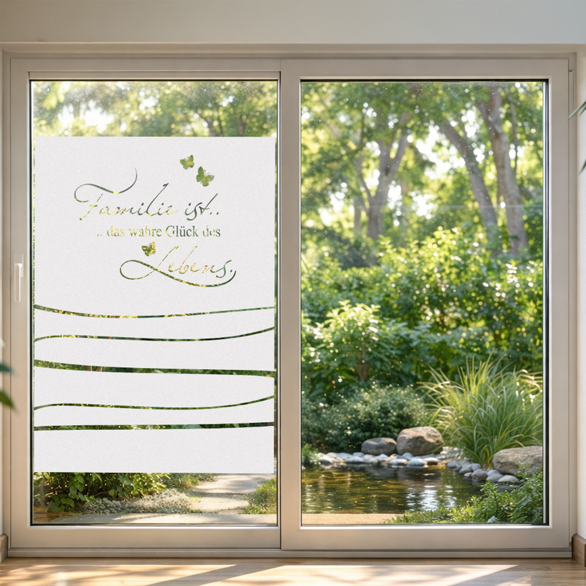 Weißer Fensteraufkleber mit grüner Schrift und Pflanzenmotiven.