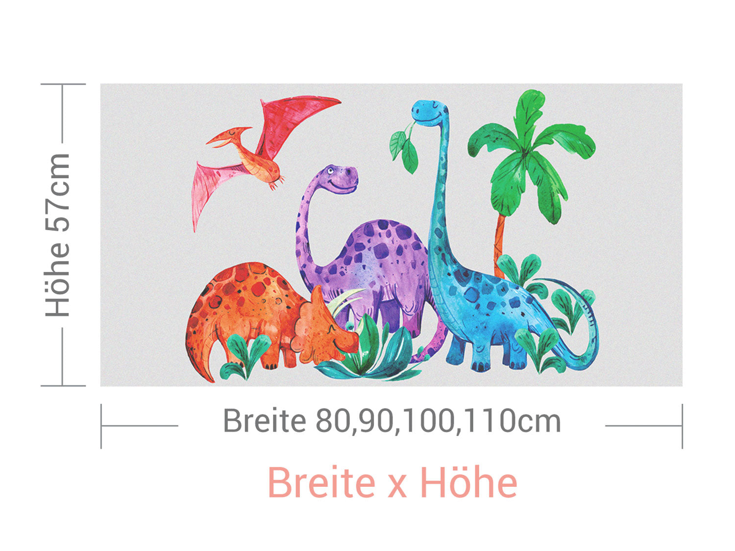 Bunte Dinosaurier mit Palmen, in verschiedenen Größen.