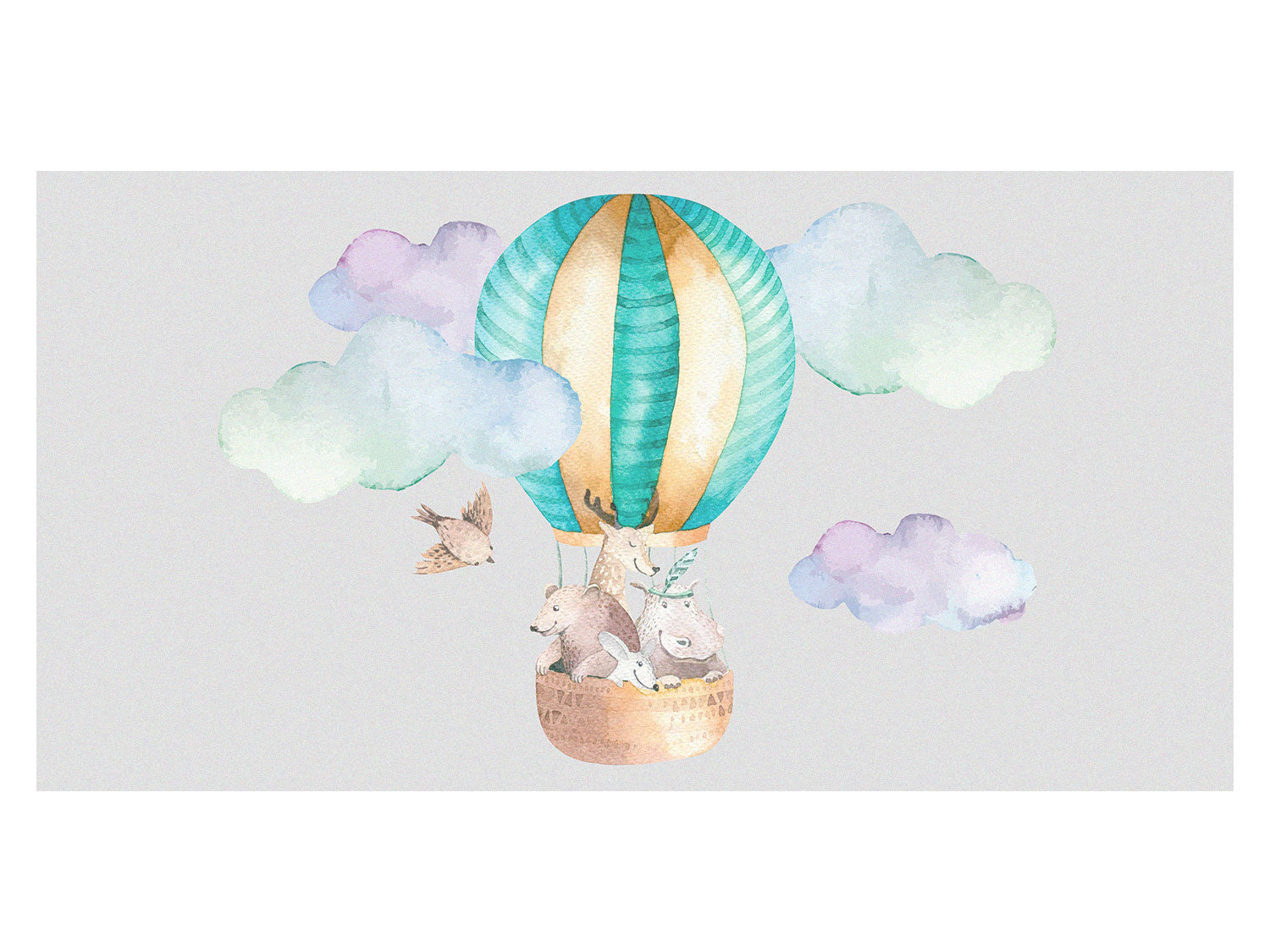 Bunte Heißluftballon mit Tieren und Wolken.