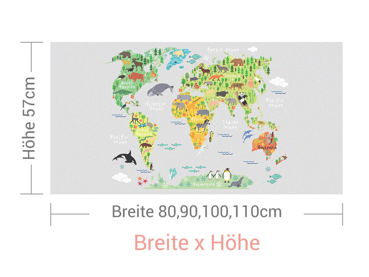 Weltkarte mit bunten Tieren und Landschaften, grau Hintergrund.