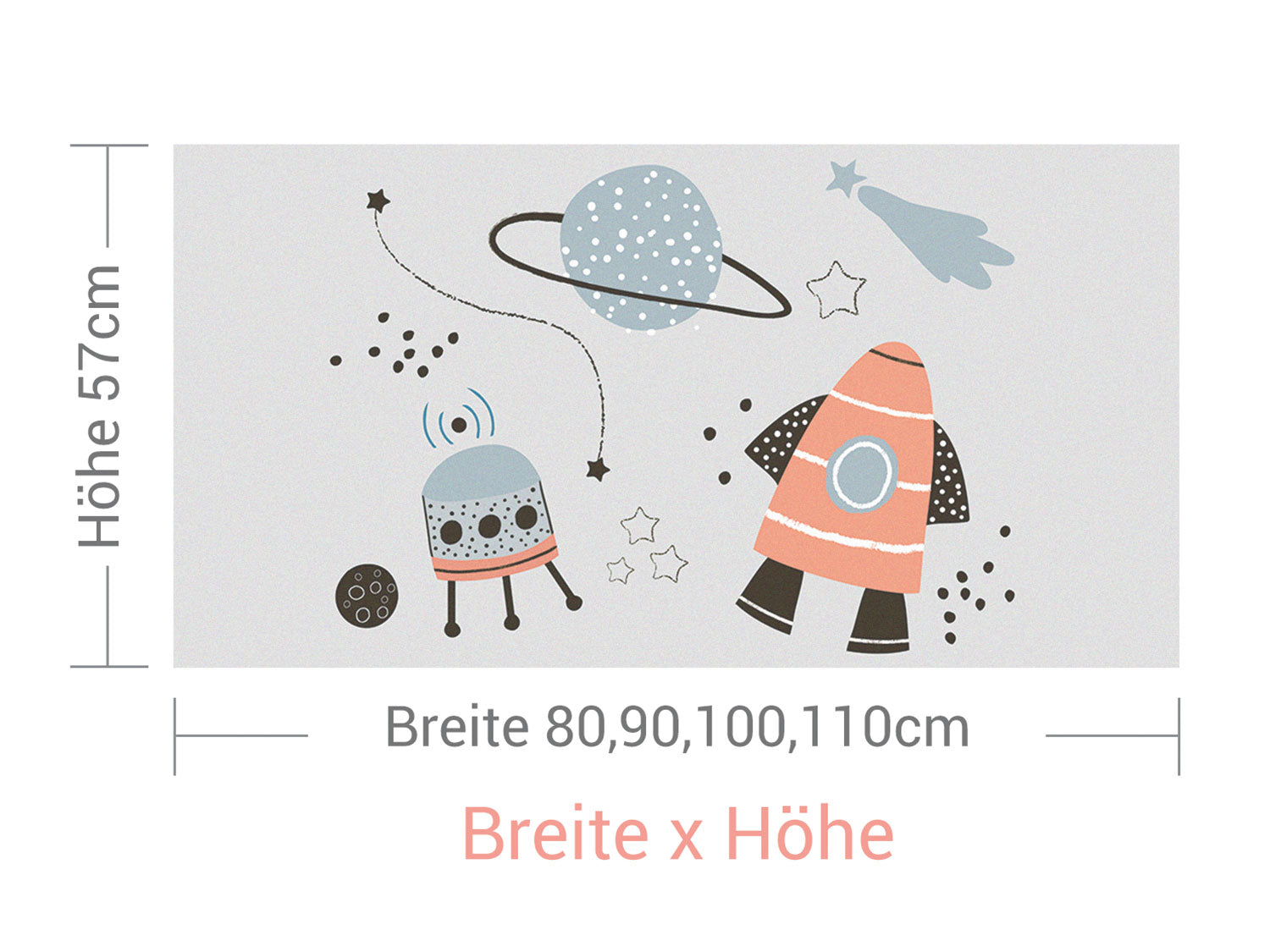 Raumgestaltung mit Rakete, Planet und Roboter in Pastellfarben.