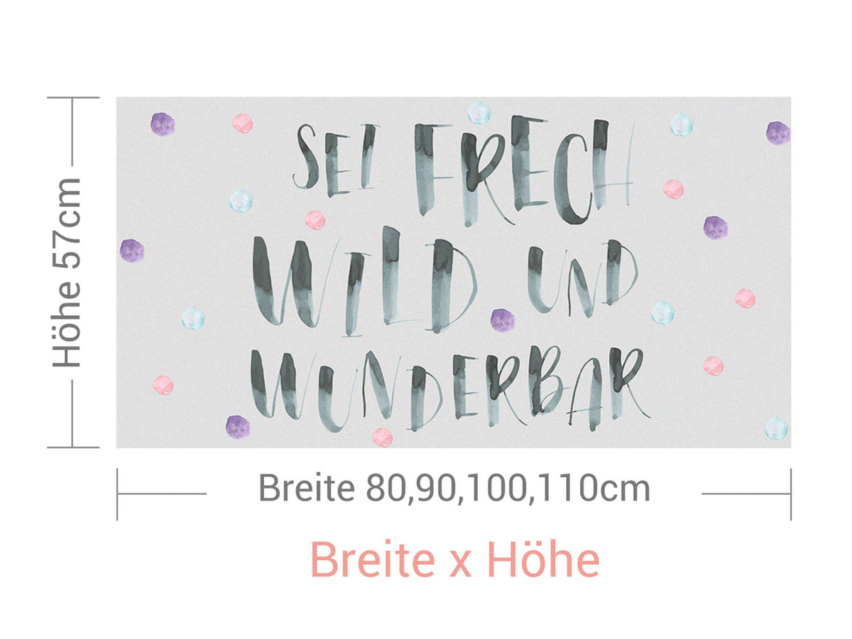 Wanddeko mit bunten Punkten, Text in Grün und Pink.
