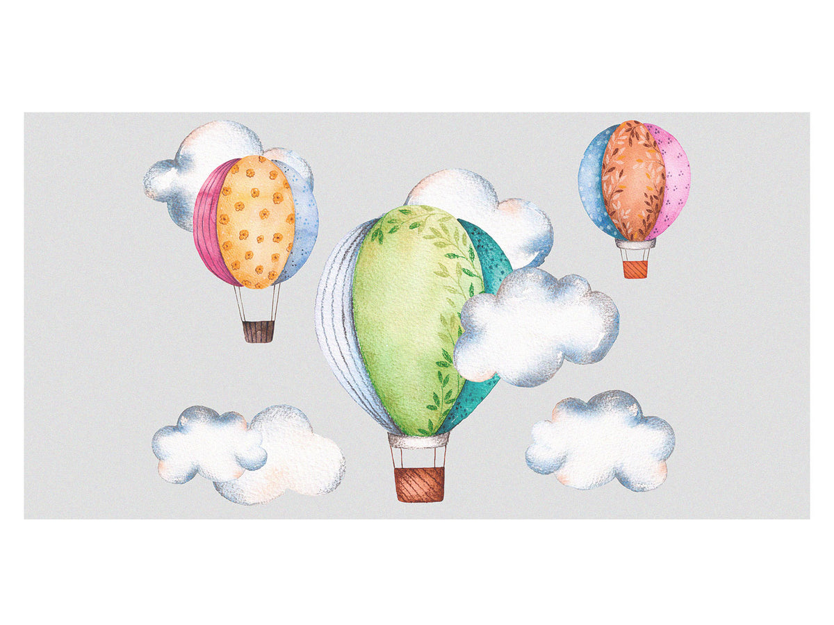 Bunte Heißluftballons mit Wolken auf grauem Hintergrund.