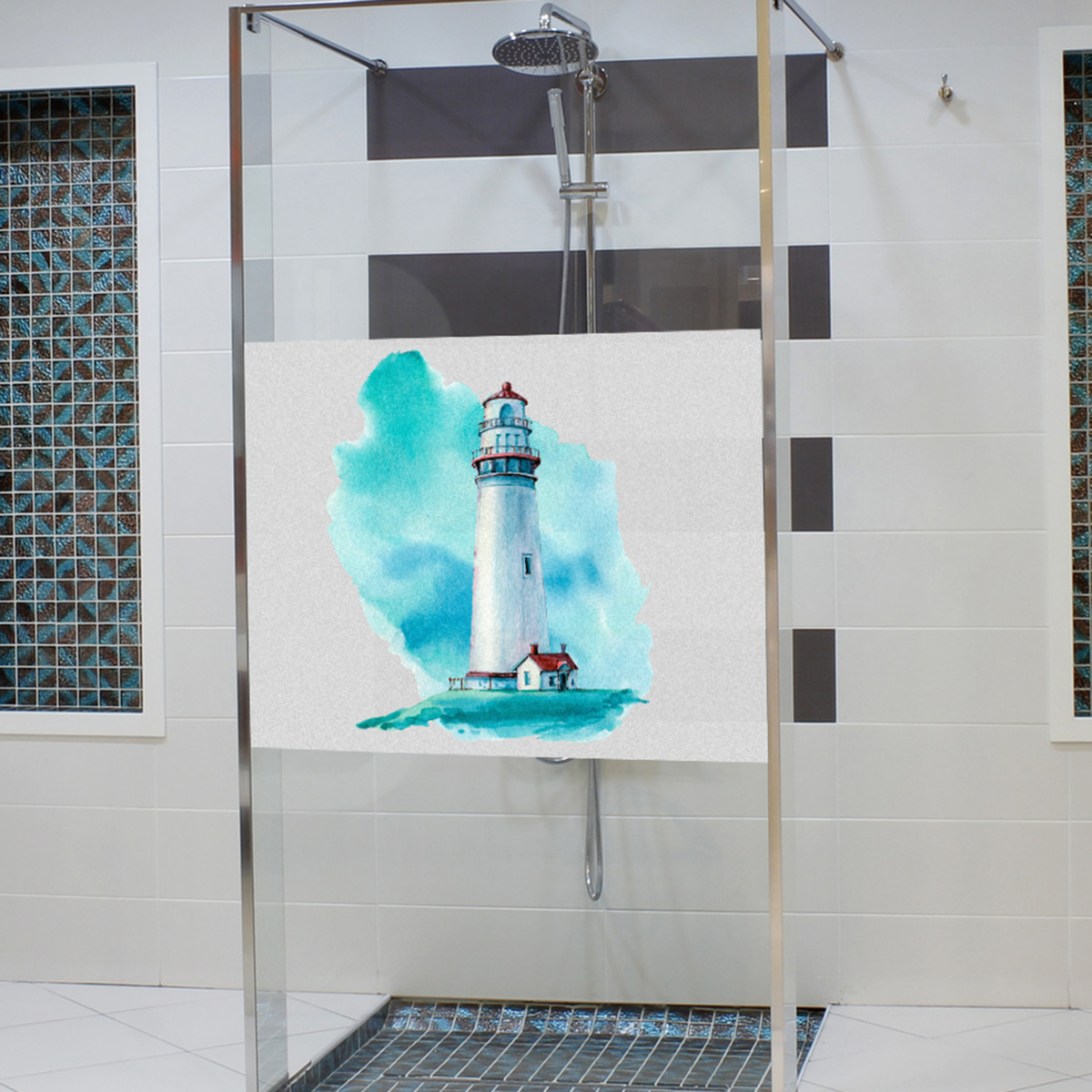 Wasserturm in Aquarellstil, blau-weiße Farbtöne.