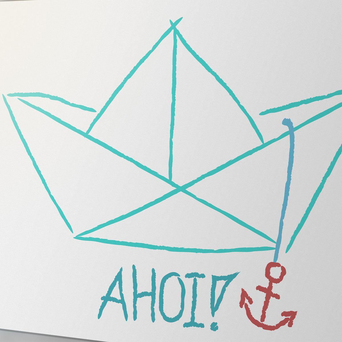 Papierboot in Türkis mit rotem Anker und "AHOI!"