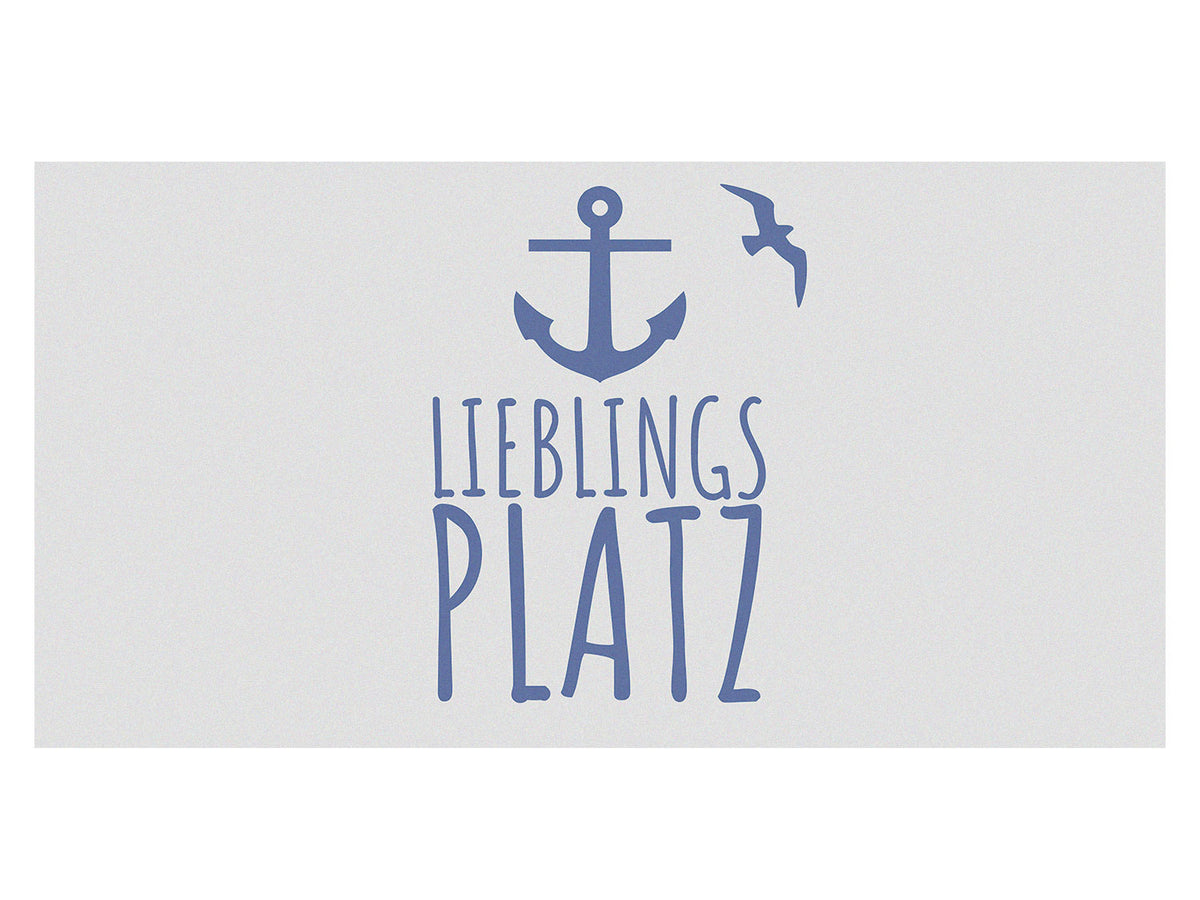 Lieblingsplatz Schriftzug in Blau mit Anker und Vogel.