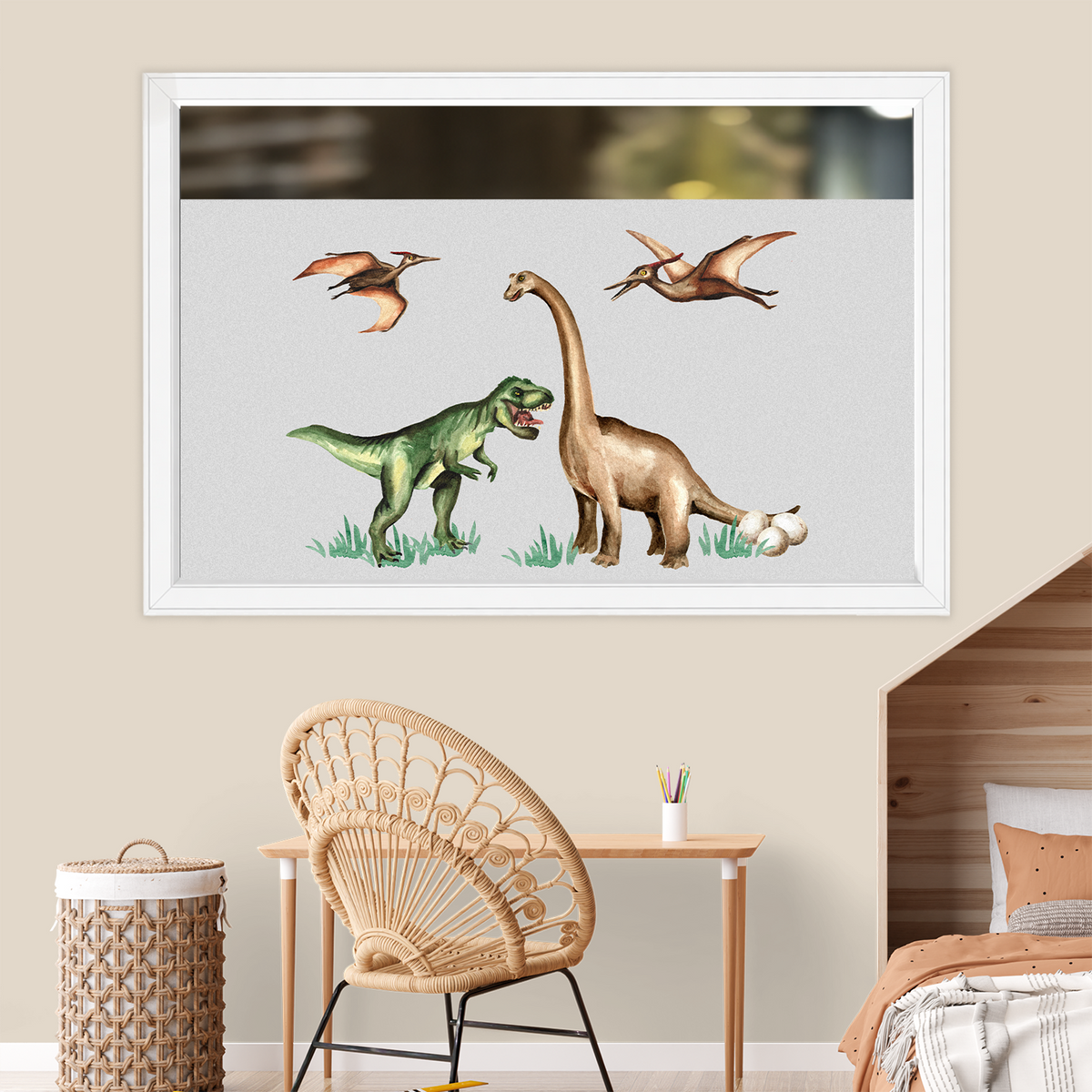Dinosaurier-Wandbild mit T-Rex, Brachiosaurus und Flugsauriern.