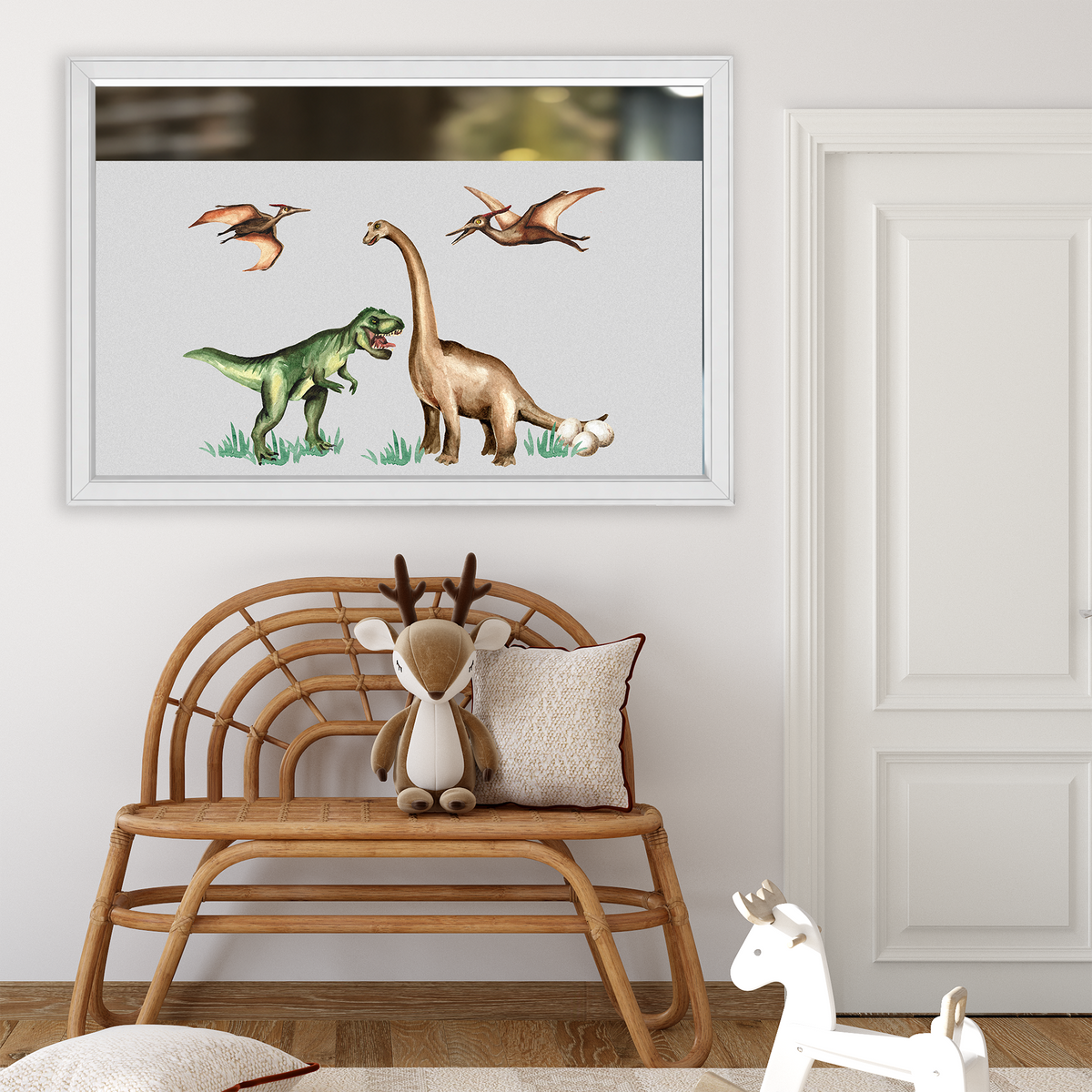 Dinosaurier-Wandbild in bunten Farben, T-Rex und Flugsaurier.