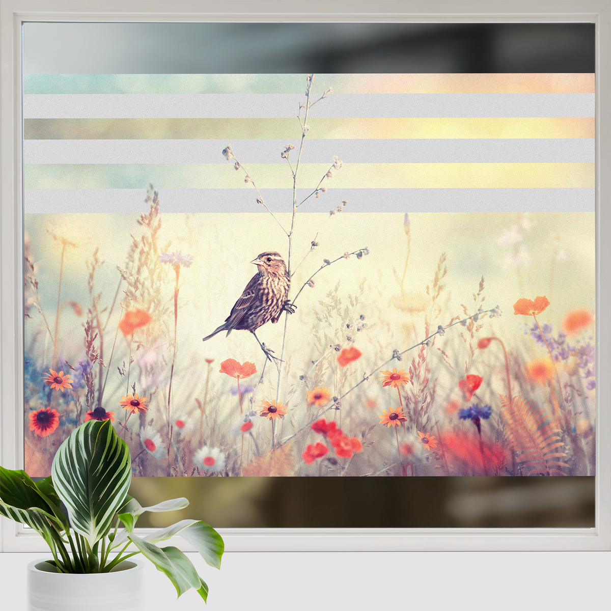 Vogel auf Zweig vor buntem Blumenfeld, sanfte Pastellfarben.