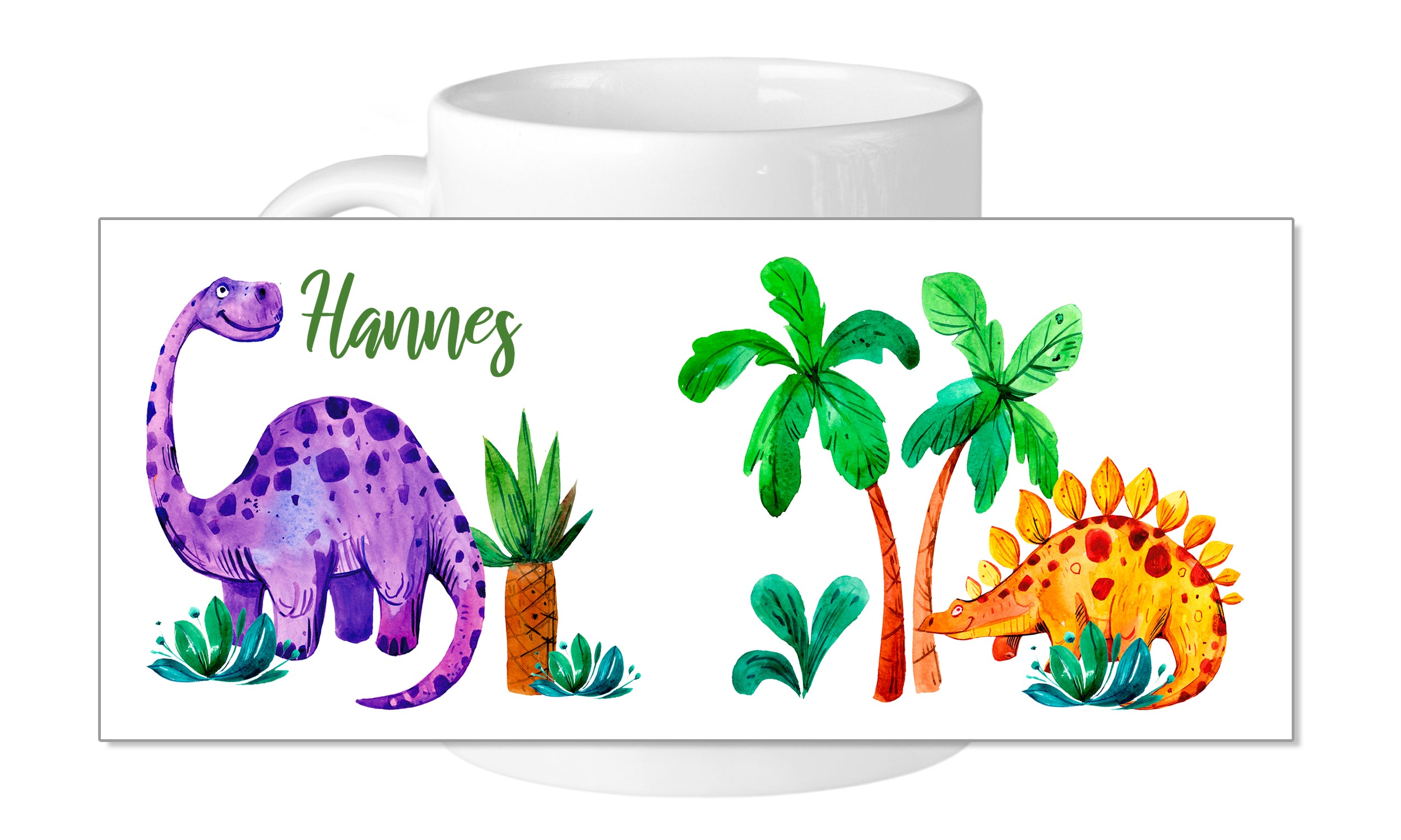Bunte Dinosaurier mit Palmen und dem Namen Hannes.
