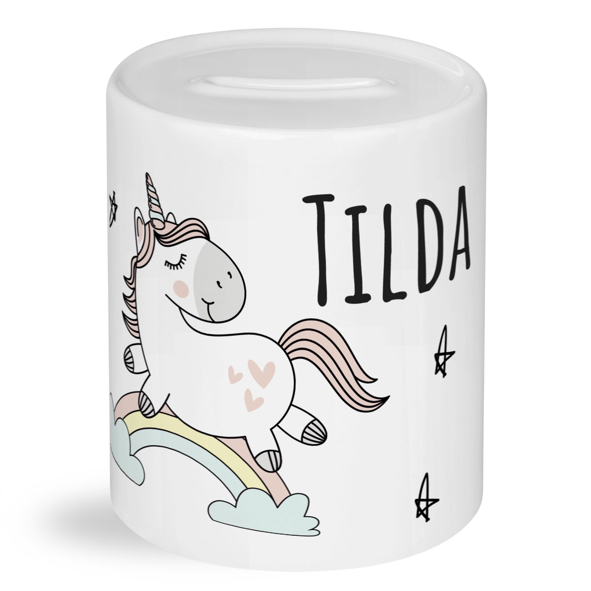Weißer Spardose mit Einhorn und buntem Regenbogen.