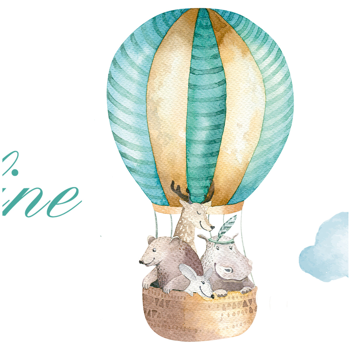 Bunte Heißluftballon mit Tieren, sanfte Farben, Wasserfarbenstil.