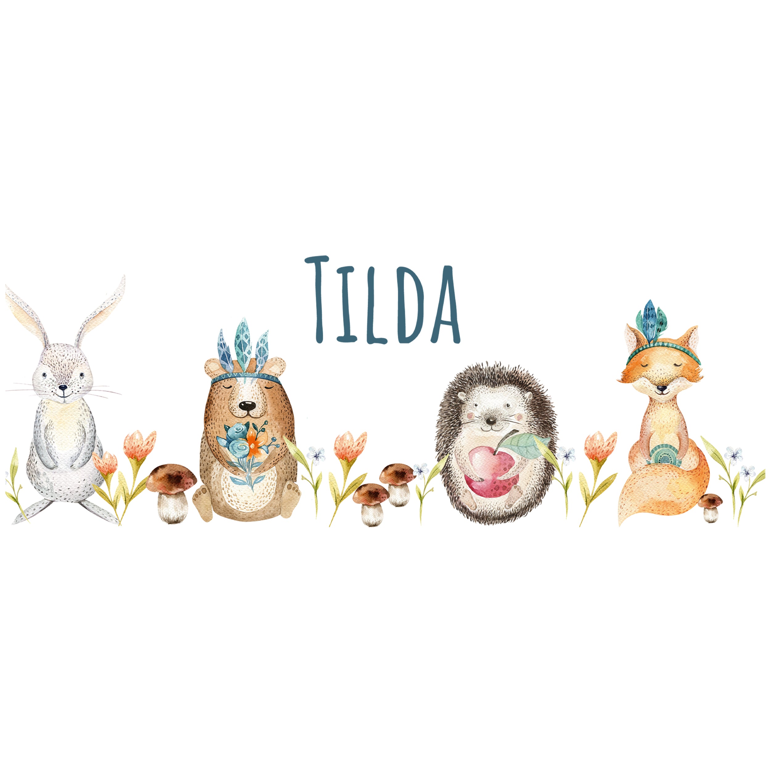 Hase, Bär, Igel, Fuchs mit Blumen und Tilda-Schriftzug.