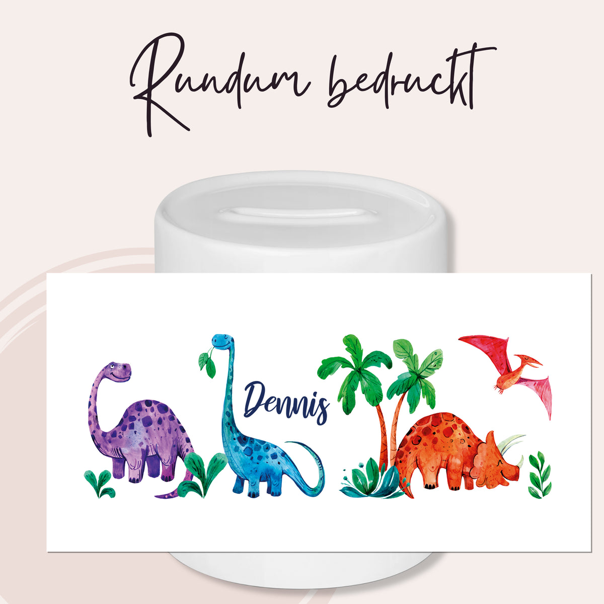 Tasse mit bunten Dinosauriern und Namen "Dennis"