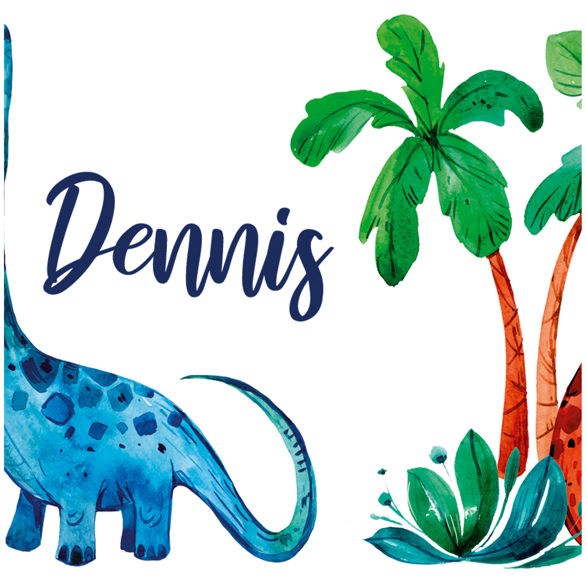 Blauer Dinosaurier mit Palmen und dem Namen Dennis.