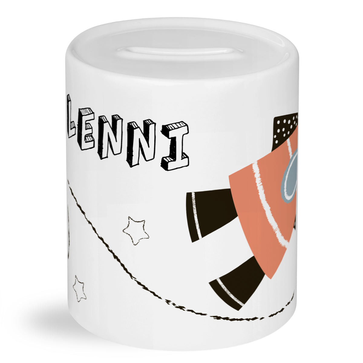 Spardose mit Rakete, orange, personalisiert mit "LENNI".