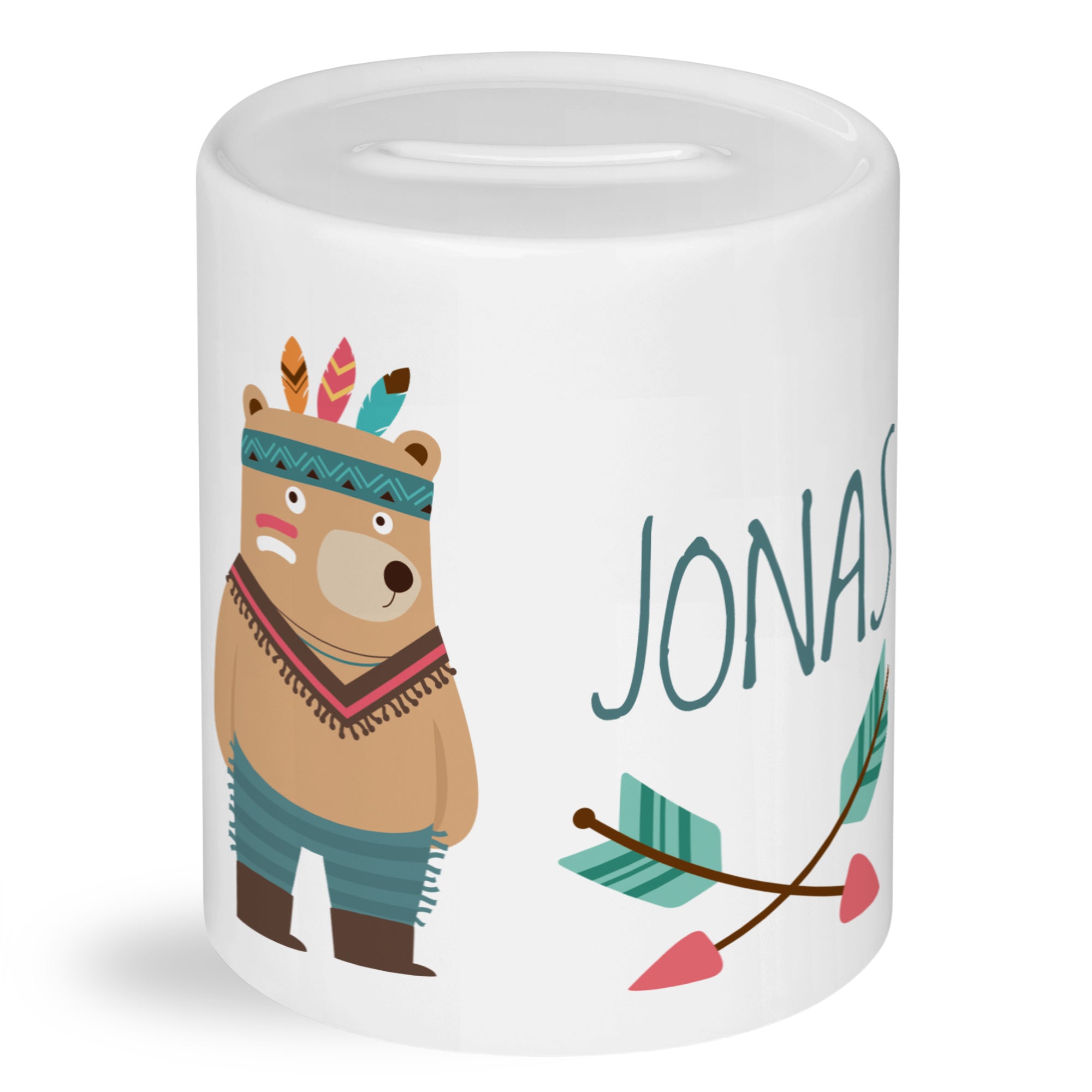 Spardose mit bärigem Motiv und Namen "JONAS".