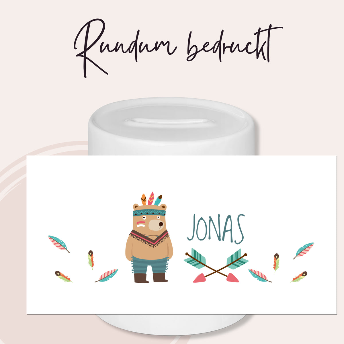 Tasse mit bunter Bär-Illustration und Namen "JONAS".