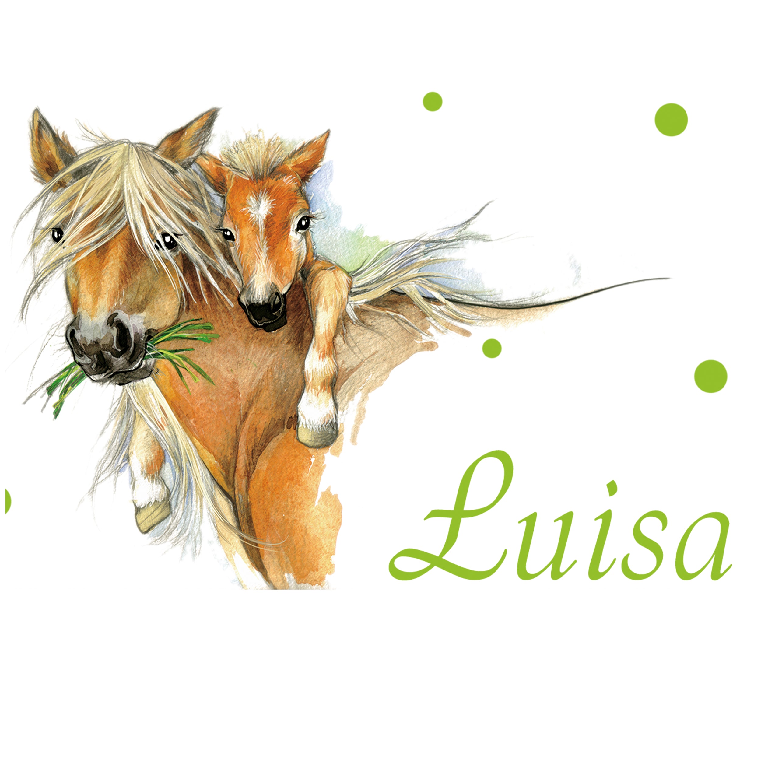 Braunes Pferd mit Fohlen, grüne Akzente, Name "Luisa".