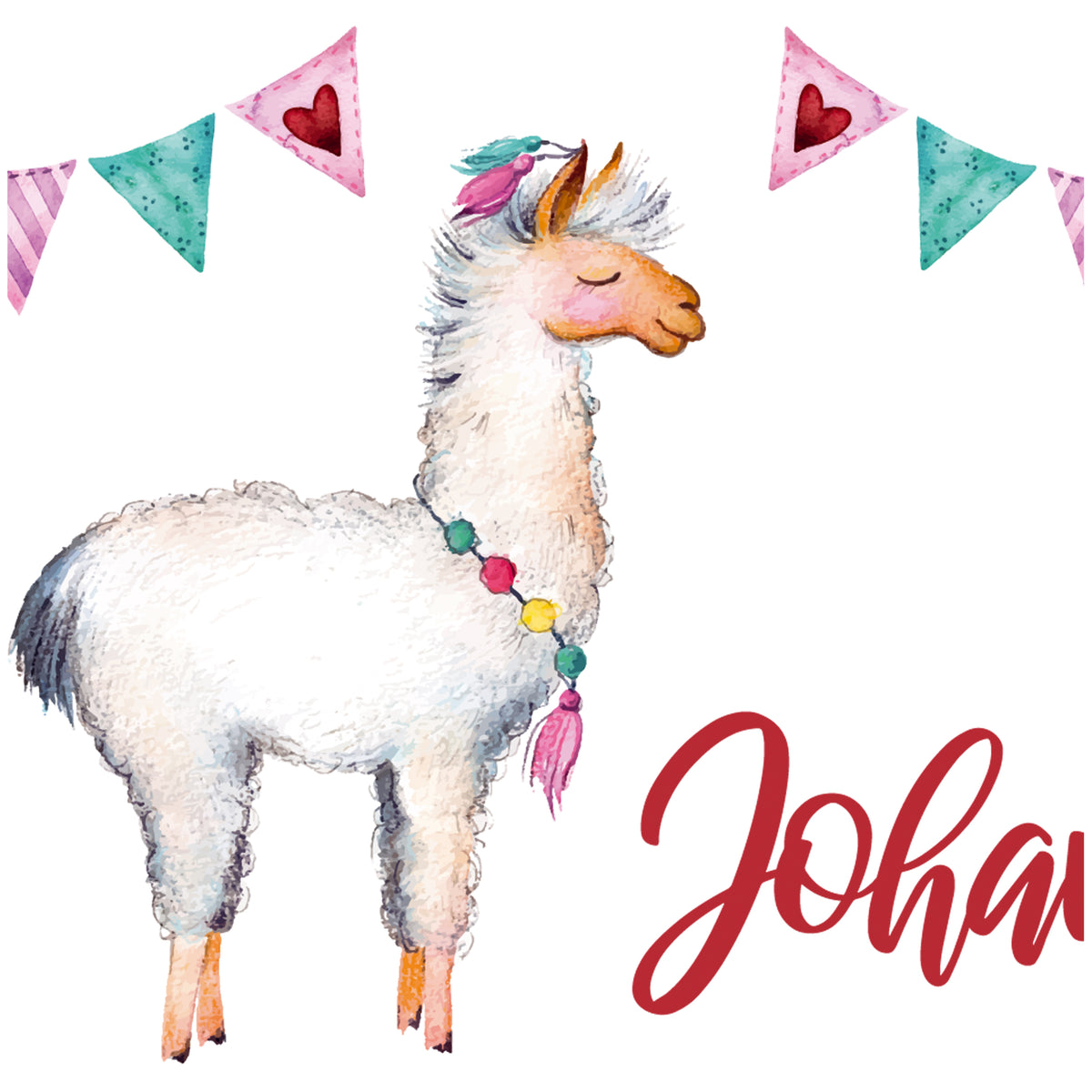 Lama mit buntem Halsband und Wimpelgirlande, Schriftzug "Johann".