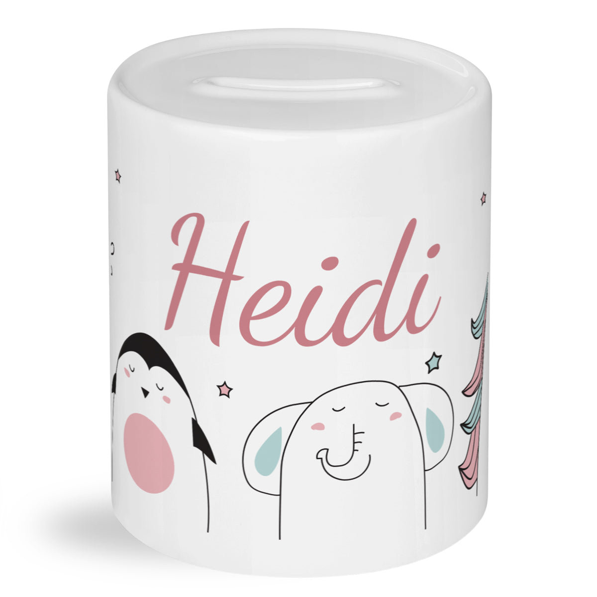 Weißes Sparschwein mit bunten Tiermotiven und dem Namen "Heidi".