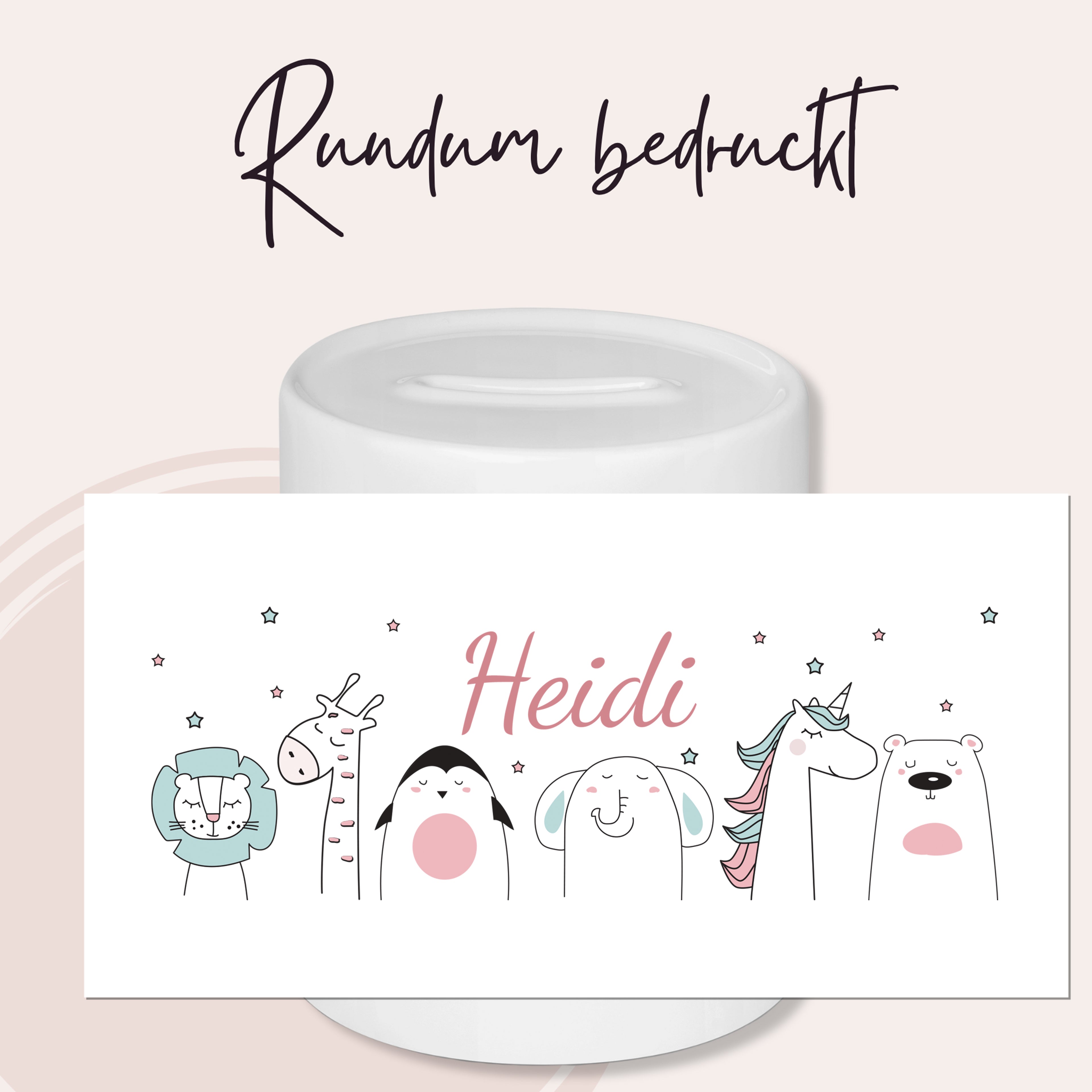Keramiktasse mit bunten Tiermotiven und dem Namen "Heidi".