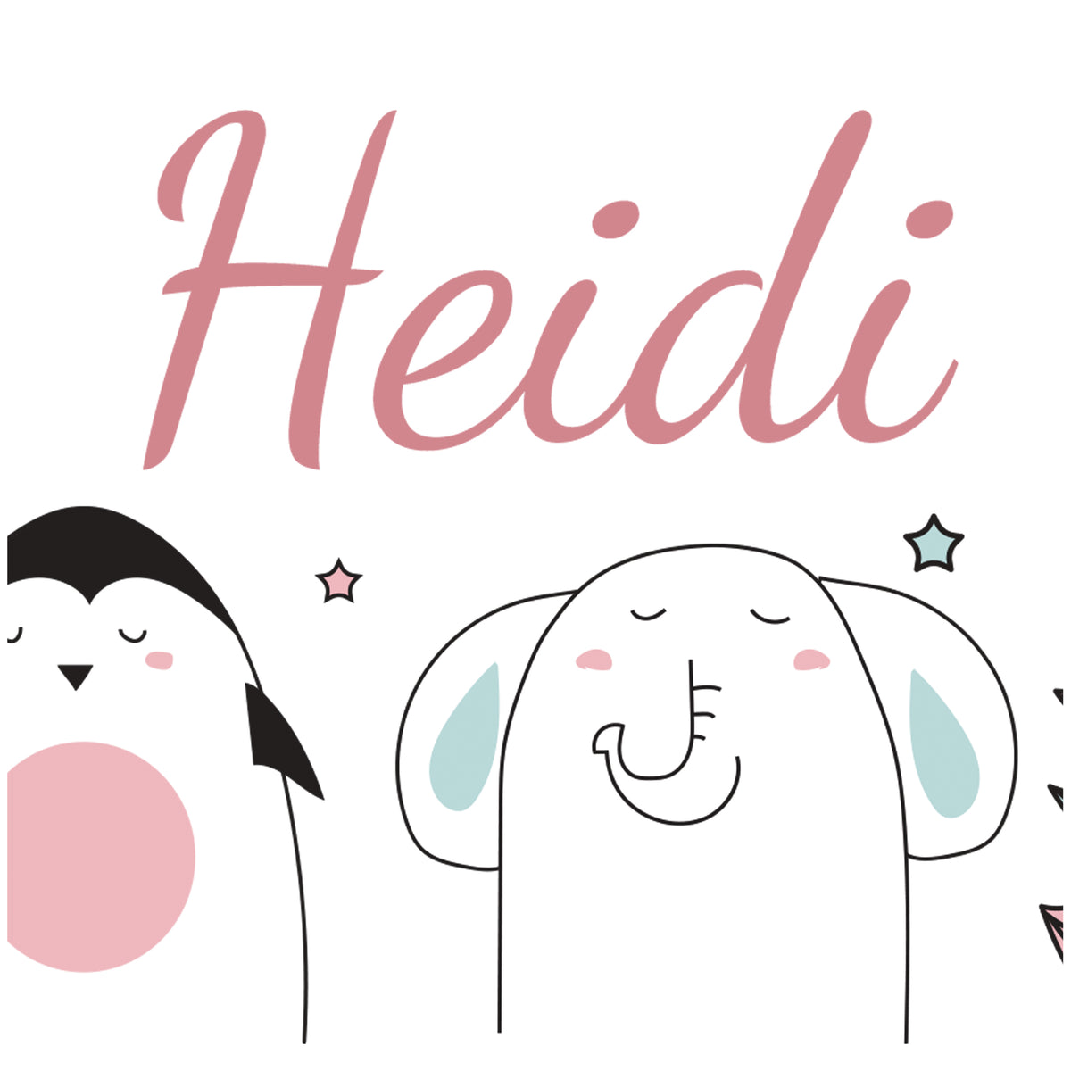 Heidi Schriftzug mit niedlichen Tieren in Pastellfarben.