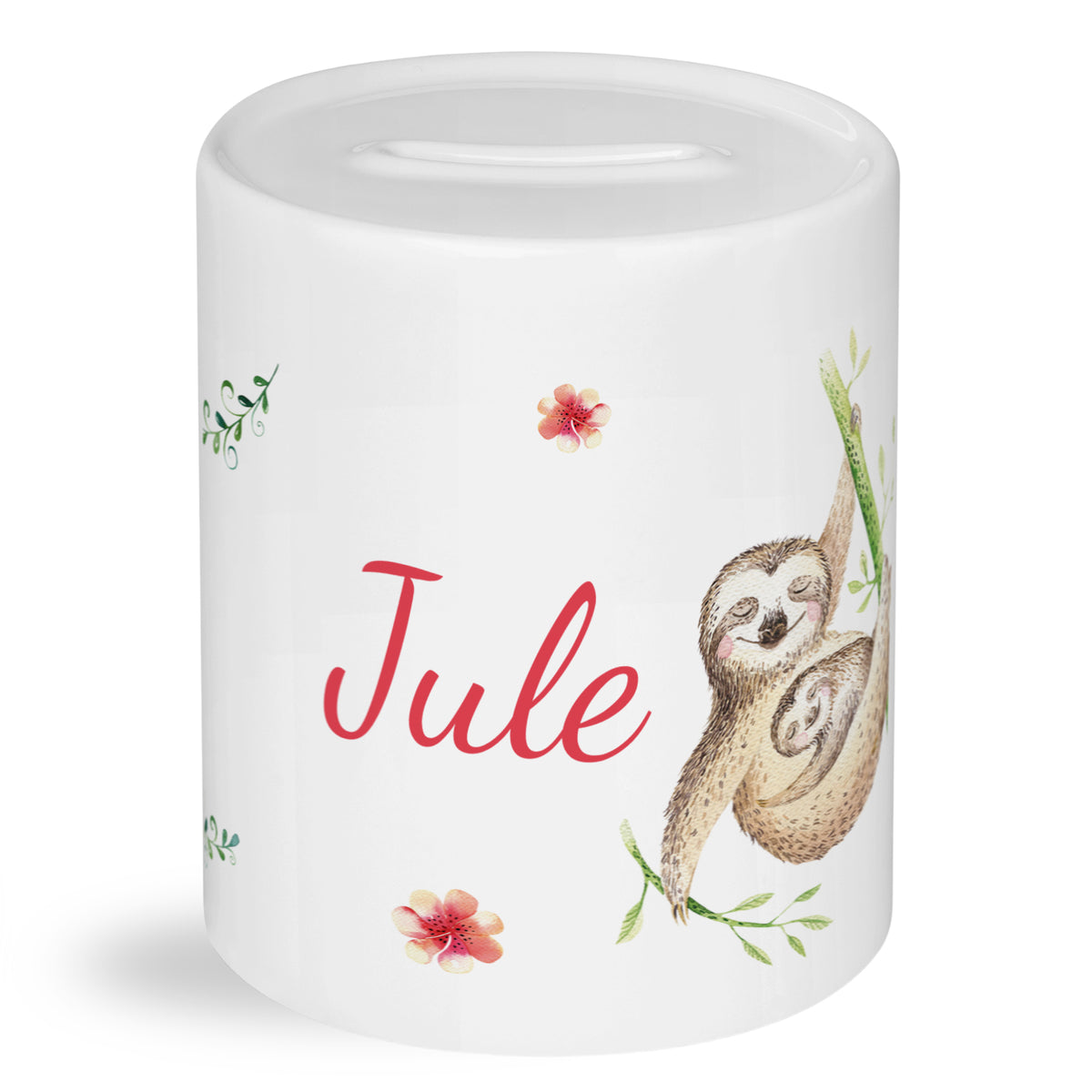 Weißer Spardose mit Faultier und Blumen, Name "Jule".