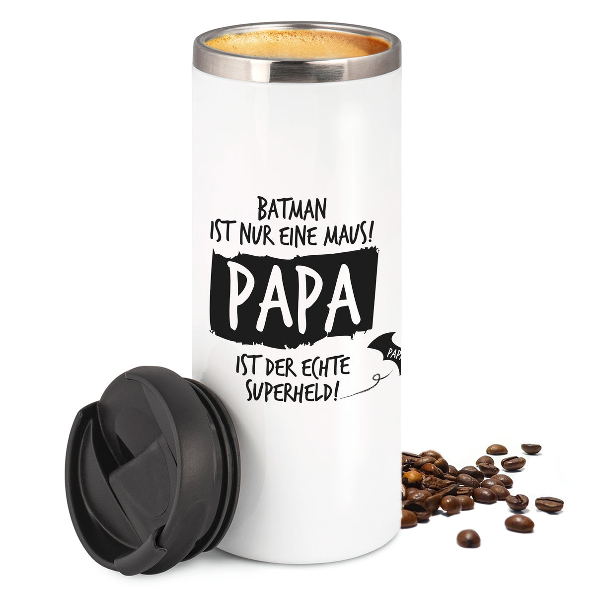Weißer Thermobecher mit Aufdruck "Papa ist der echte Superheld!"