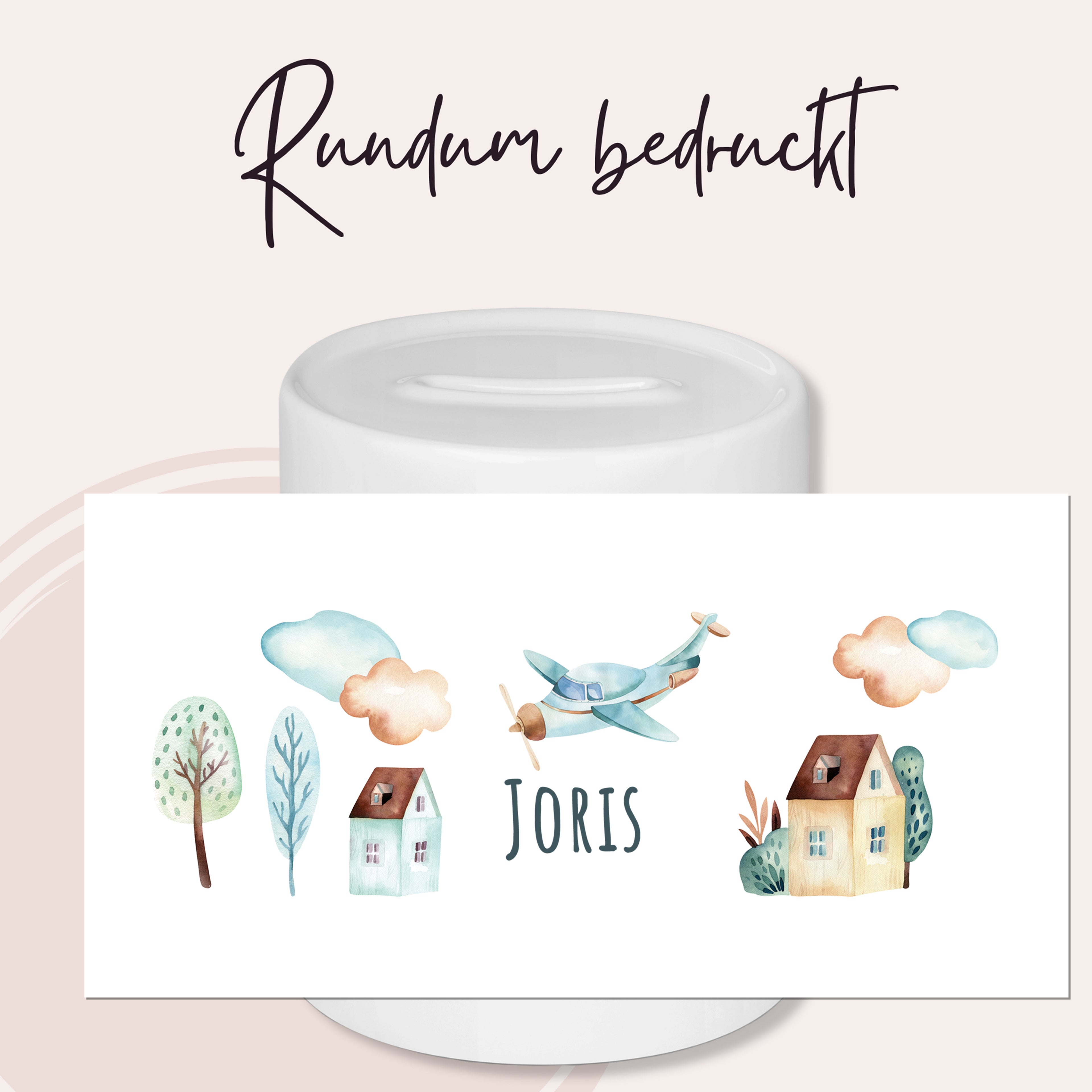 Runde Kerze mit bunten, handgemalten Motiven und dem Namen Joris.