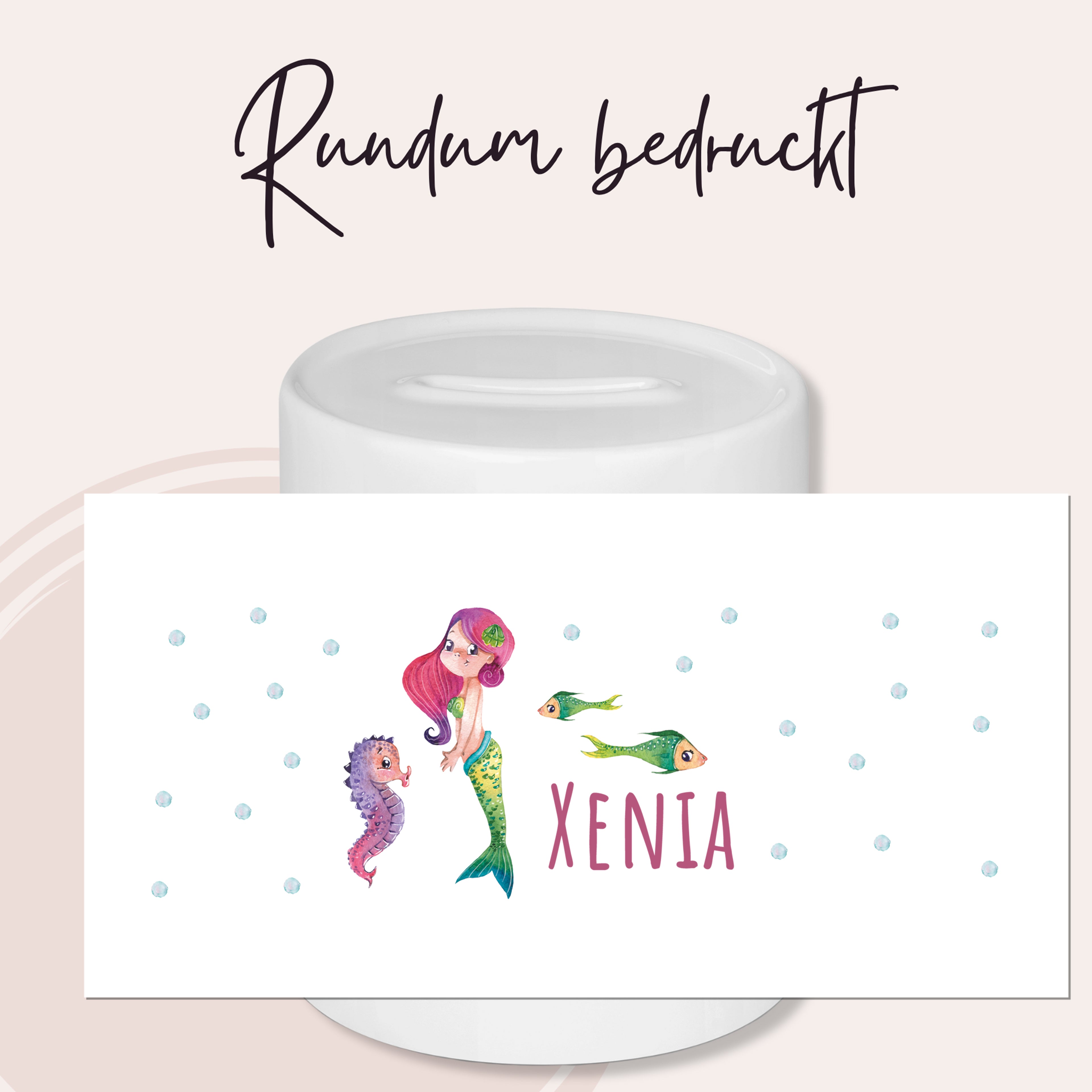 Mermaid-Motiv mit Name Xenia, bunte Farben, rundum bedruckt.