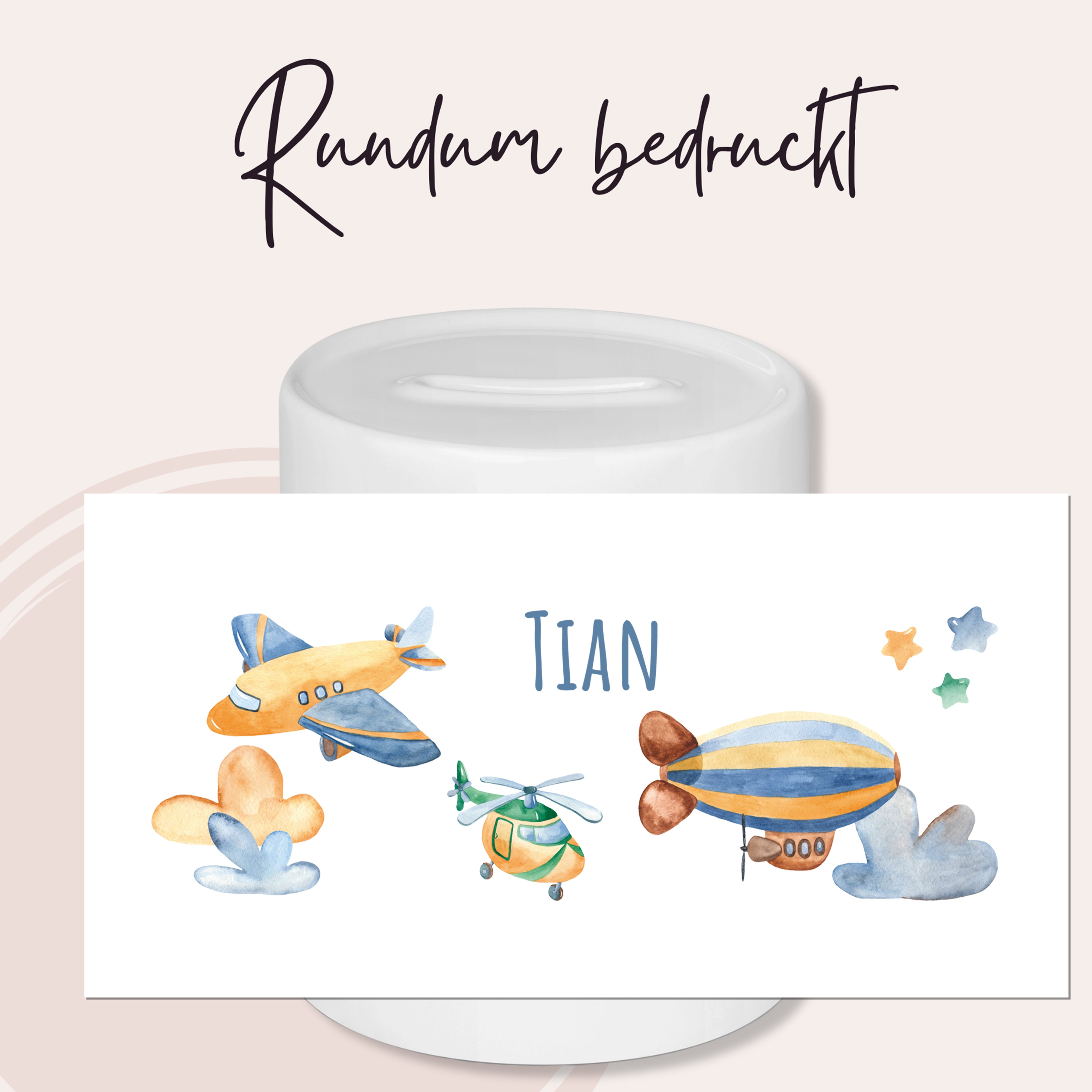 Kaffeetasse mit bunten Flugzeugen und dem Namen Tian.