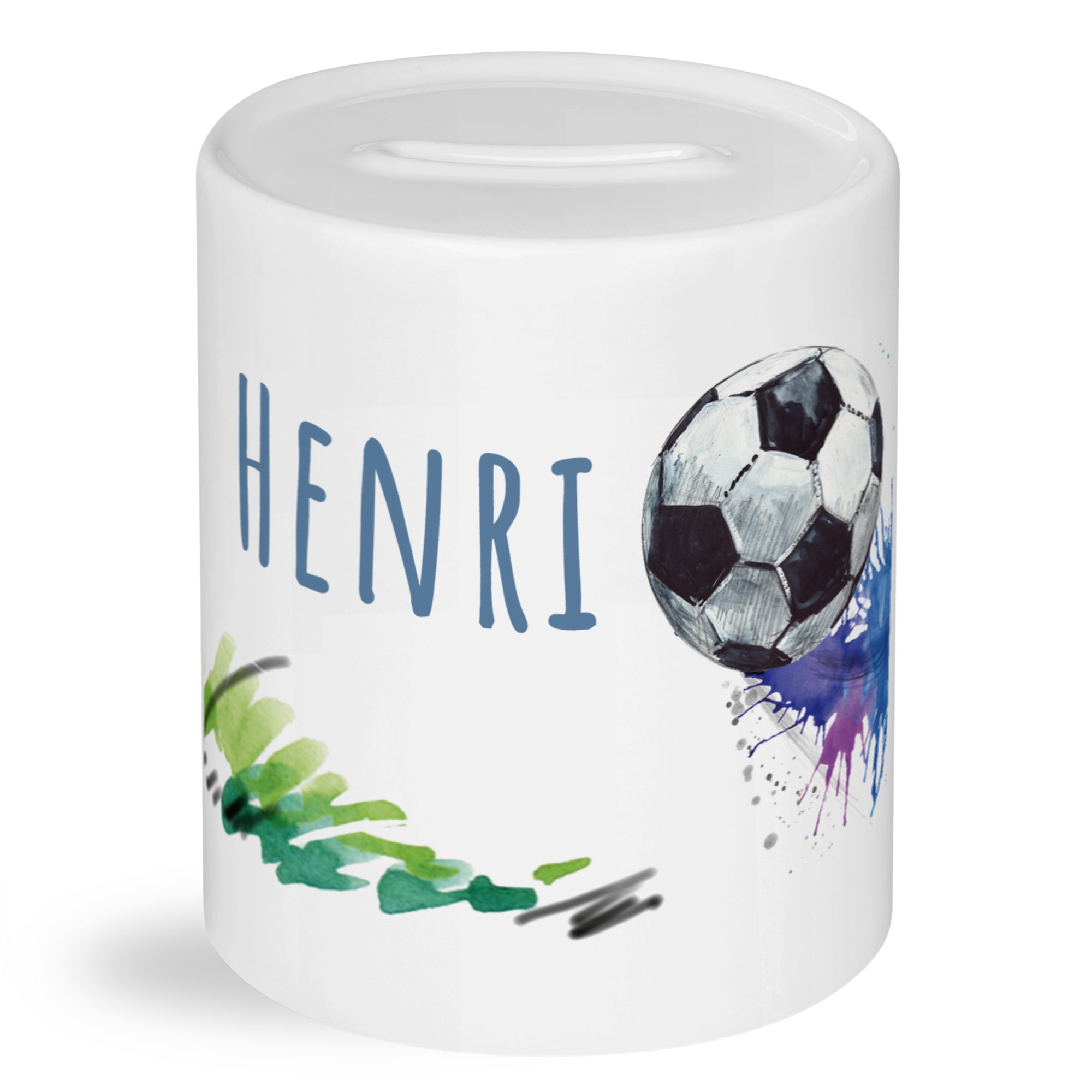 Weißer Spardose mit Fußball und dem Namen "Henri".