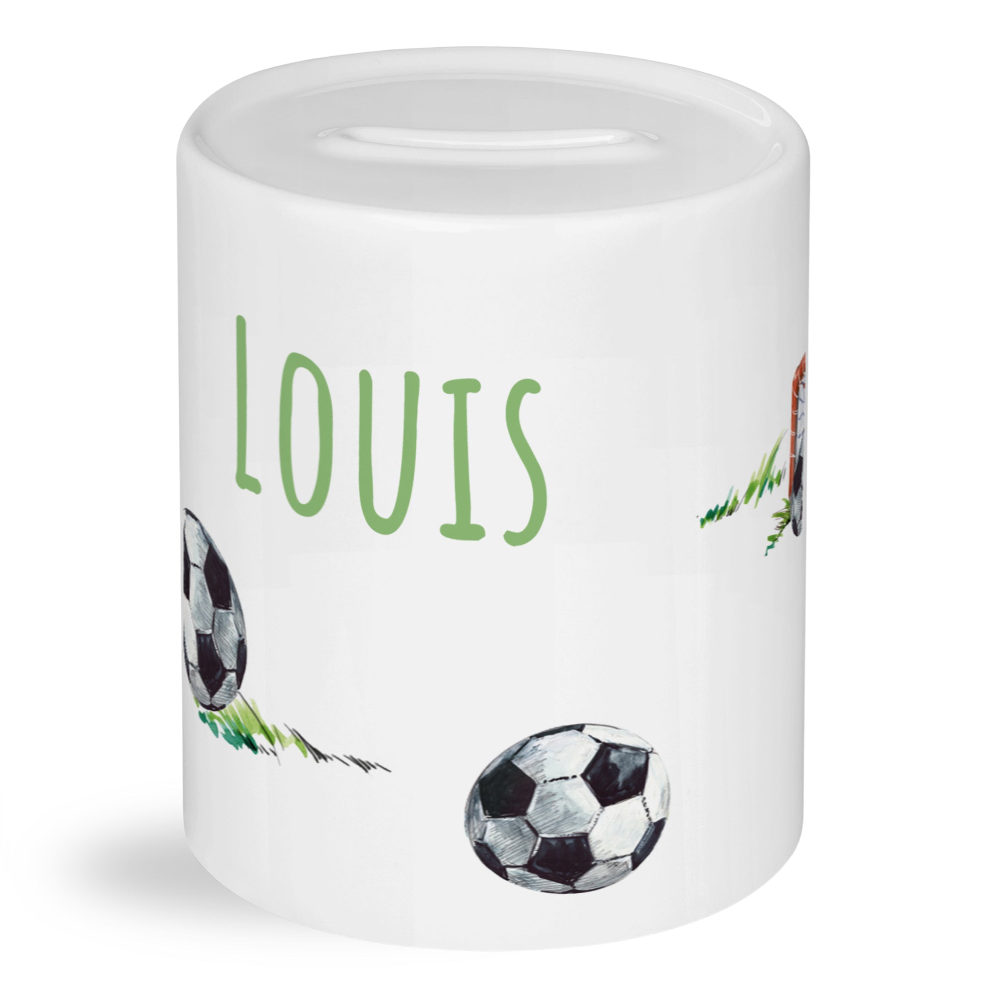 Weißer Sparschwein mit Fußballmotiven und dem Namen "Louis".