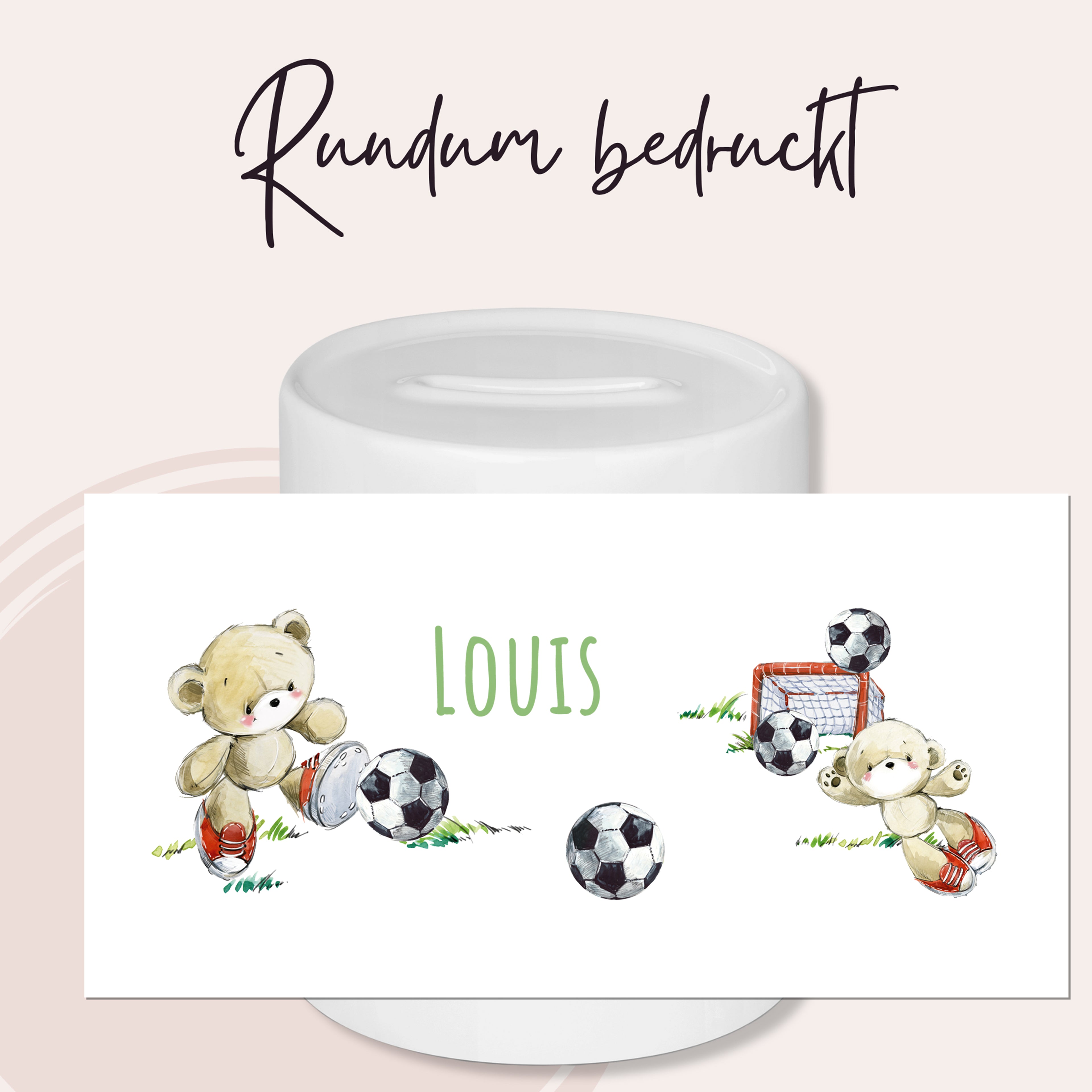Rundum bedruckte Tasse mit Fußballmotiven und Namen Louis.