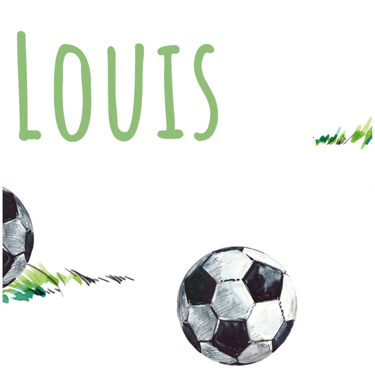Fußball mit grünem Schriftzug "Louis" und Grasdetails.